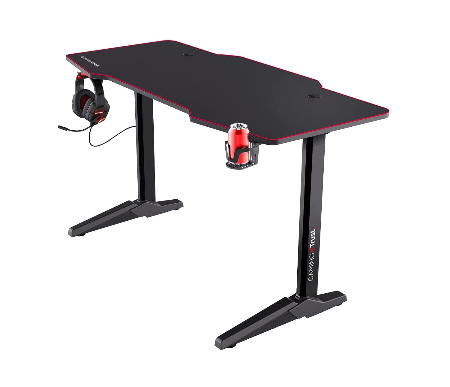 Trust Gaming Desk 140 x 66 cm GXT 1175 Imperius - XL Gaming Table with Desk-size Mouse Pad, Cable Management System, Headset & Cup Holder, Large Computer Desk, Office, PC - Black [Amazon Exclusive]