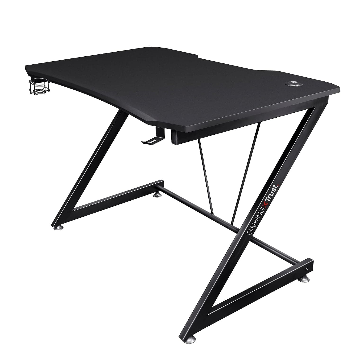 Trust Gaming GXT 711X Dominus Gaming Desk, Ergonomic Computer Desk with Headset and Cup Holder, Steel Frame, Cable Management System, Angled PC Desk for Office, Study, Work - 112 x 72 cm - Black