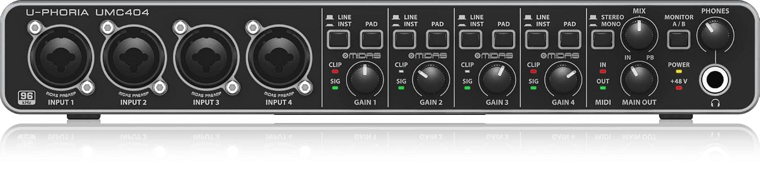 Behringer UMC404HD Audiophile 4x4, 24-Bit 192 kHz USB Audio/MIDI Interface with Midas Mic Preamplifiers for Recording Microphones and Instruments