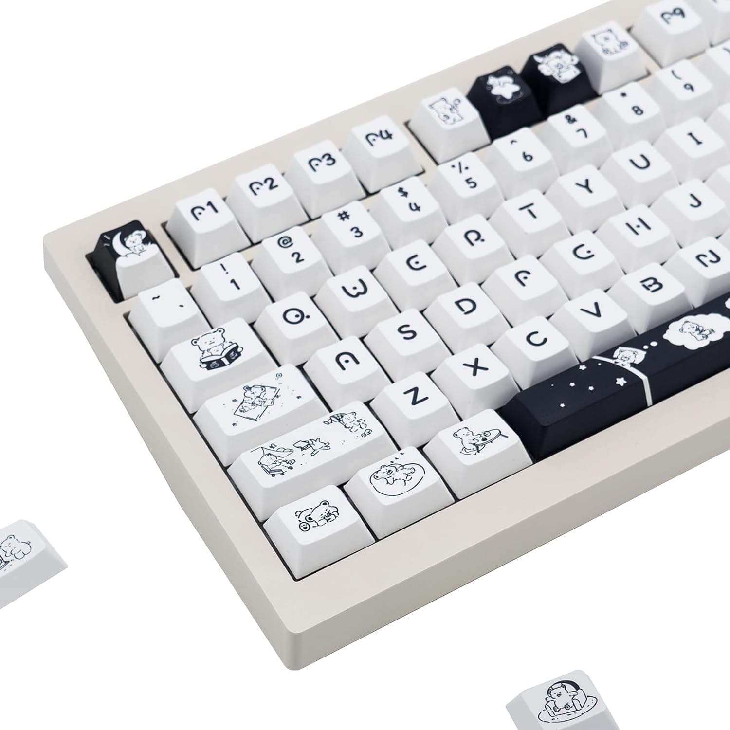 GEKUCAP Custom PBT Keycaps 151 Keys, Black and White Cherry Profile Keycap, Dye-Sublimation Bear Theme Key caps Set for Cherry MX Gateron Kailh Switch ANSI Mechanical Gaming Keyboards