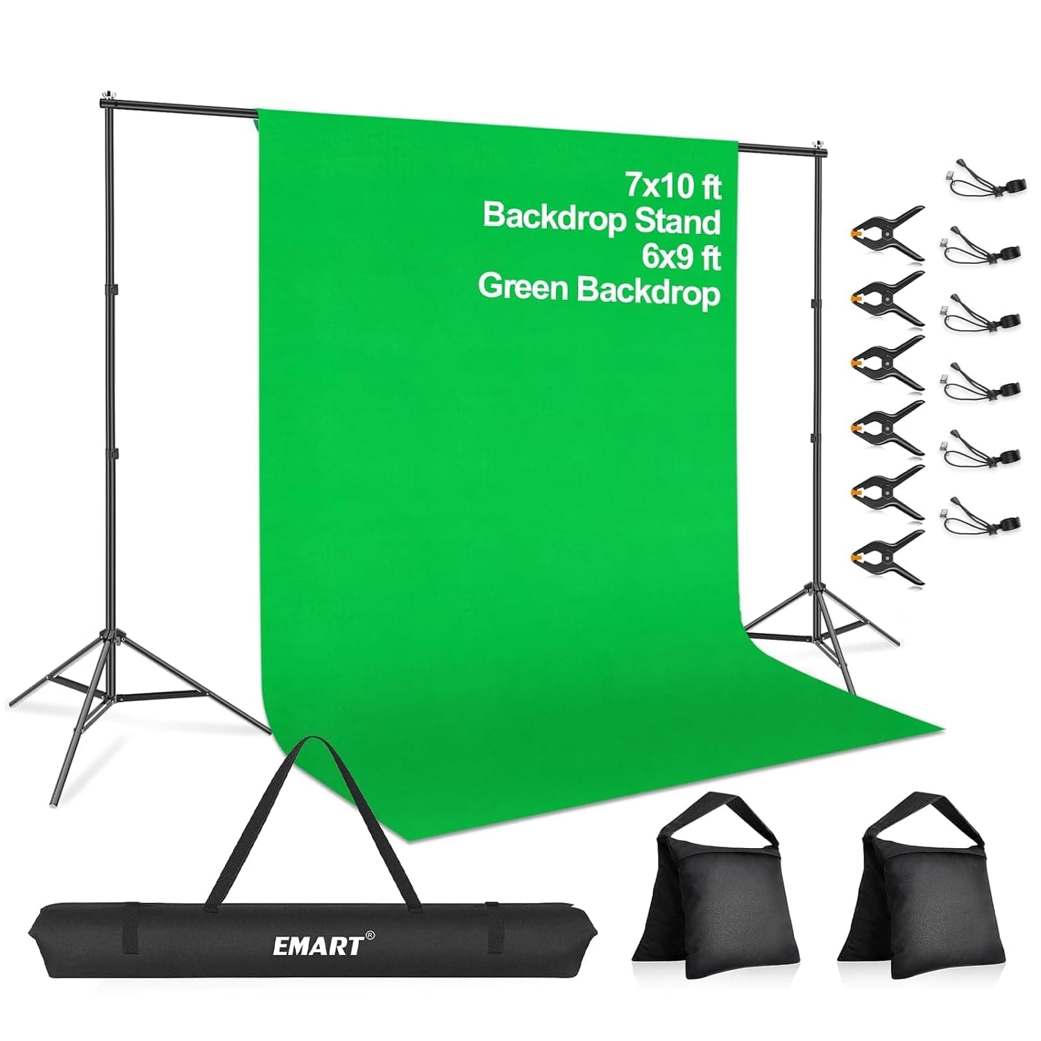 EMART Green Screen Backdrop with Stand Kit,2 x 3m/ 7 x 10ft Photography Background Support Stand with 6x9ft Cotton Muslin Chromakey Greenscreen for Photo Video Studio YouTube Streaming Equipment