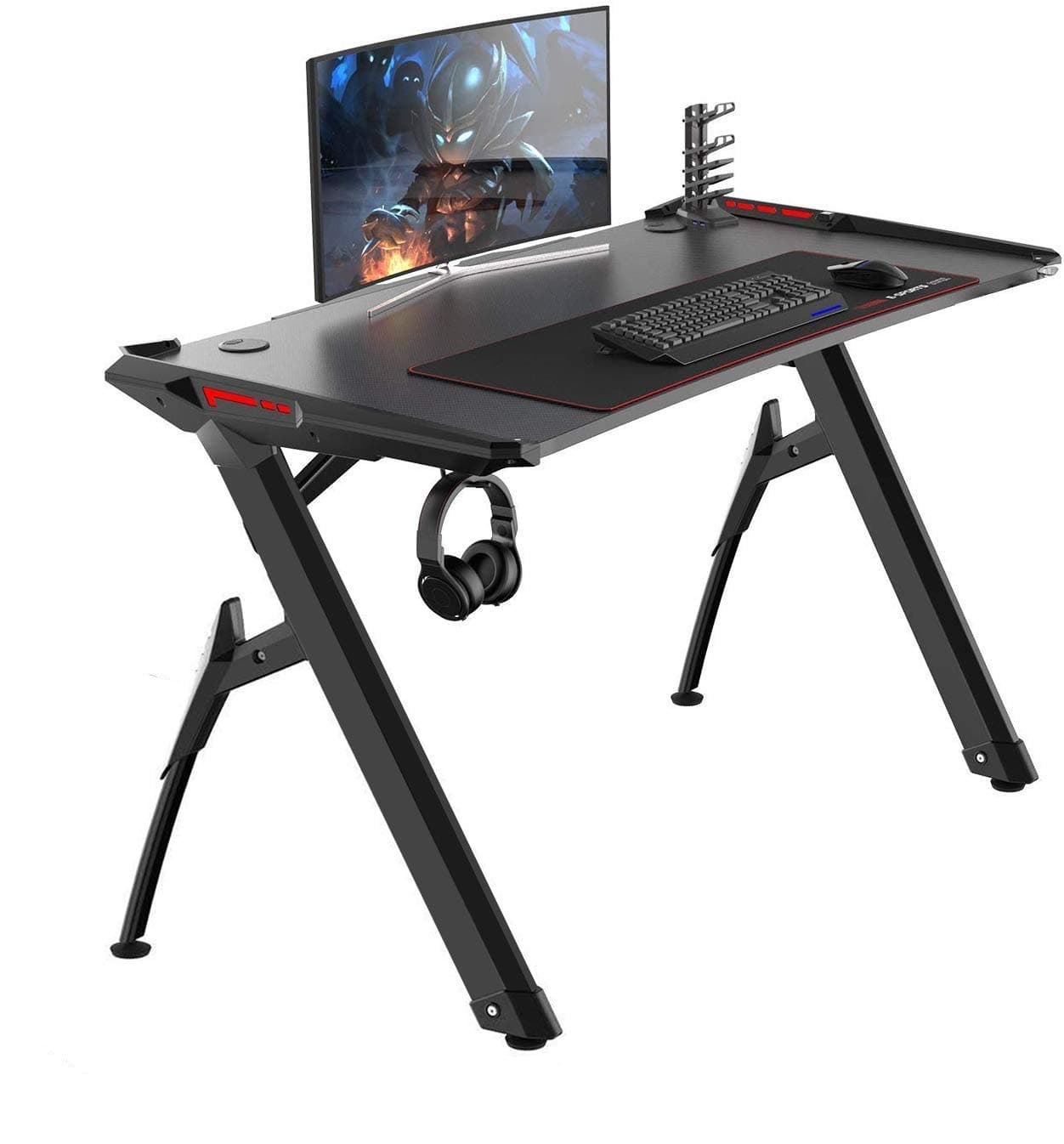 sogesfurniture Gaming Desk Ergonomic Computer Gaming Table PC Gaming Desks with LED Lights, Large Mouse Pad, Cup Holder and Headphone Hook, Black BHEU-ST-R3-BK