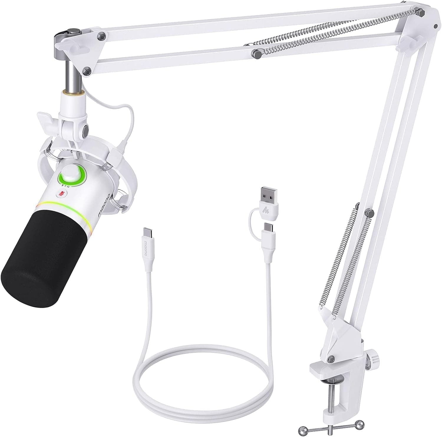 MAONO PD200XS XLR/USB Dynamic Microphone Kit, RGB Gaming Mic with Software | PC Mic with Mute, Gain Knob, Volume Control, Boom Arm for Streaming, Gaming, Podcasting, Voice-Over, Recording, White