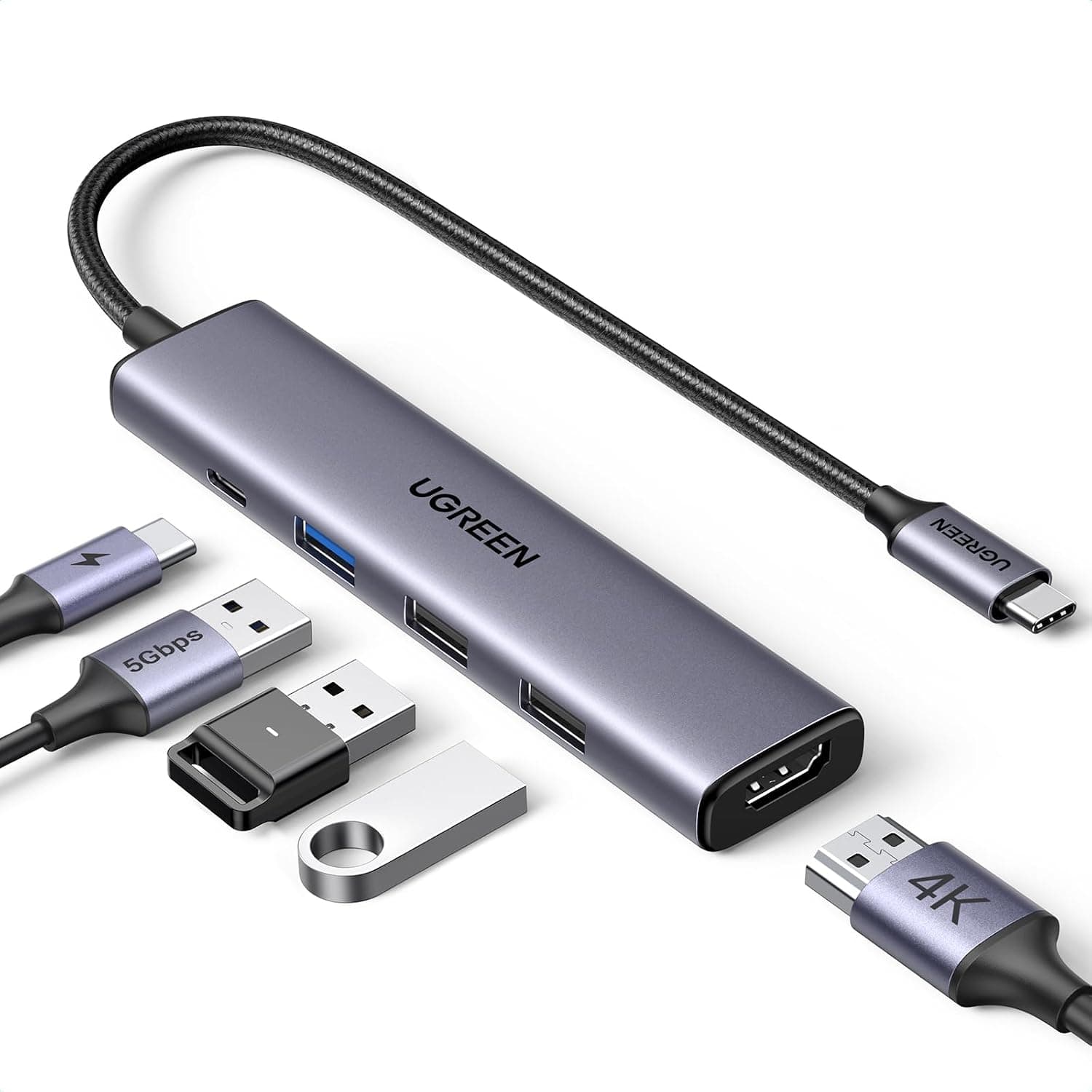 UGREEN USB C Hub, 5-in-1 USB Hub for Laptops, 4K HDMI to USB-C Adapter | 100W PD, 3 USB-A Data Ports, Aluminum Compact Multiport Adapter for MacBook Air/Pro, HP, Dell, iPad, Galaxy Dex and More