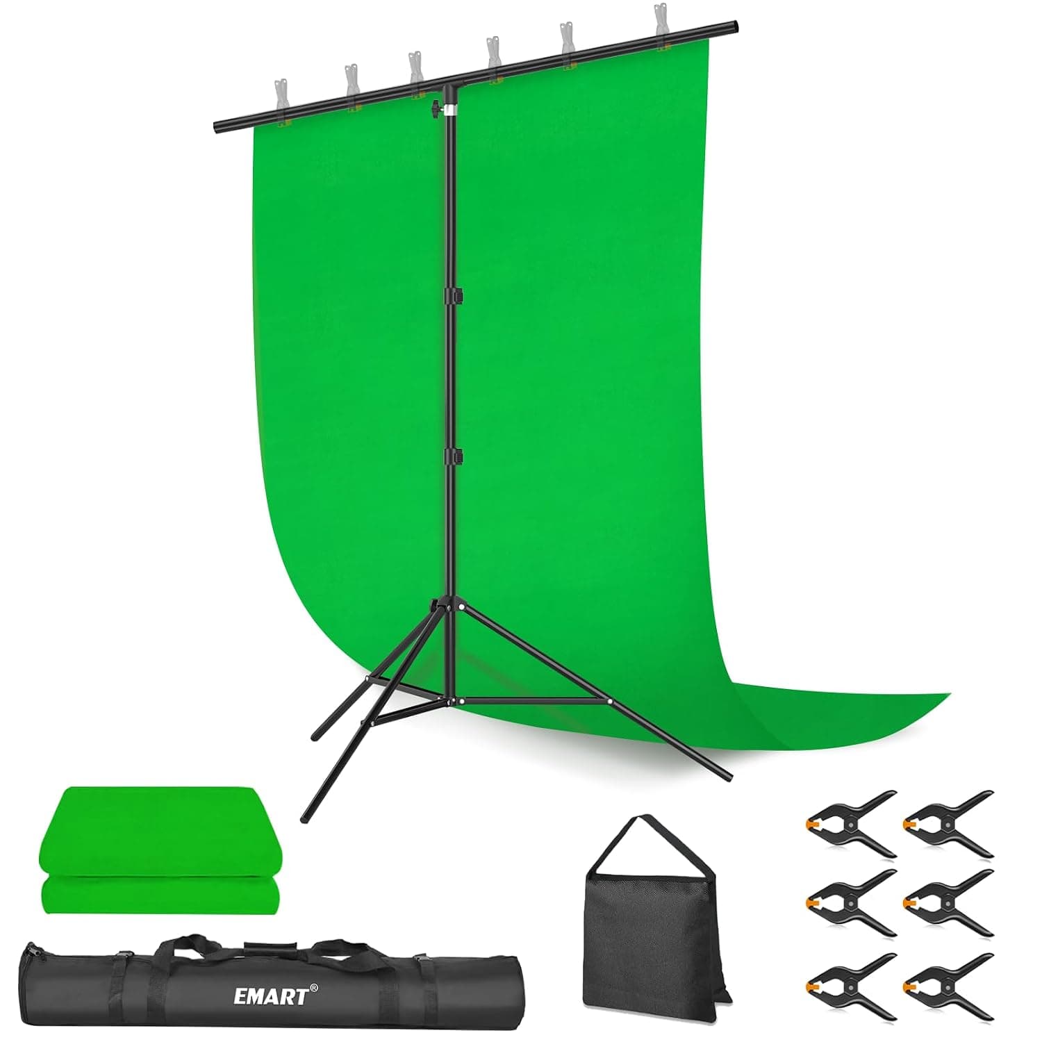 EMART Green Screen Backdrop with T-shape Stand, 1.5x2m Greenscreen with 2x2m Photography Background Stand Kit for Photo Video Studio, TV Videos, Streaming Games, Include Sandbag and Spring Clamp