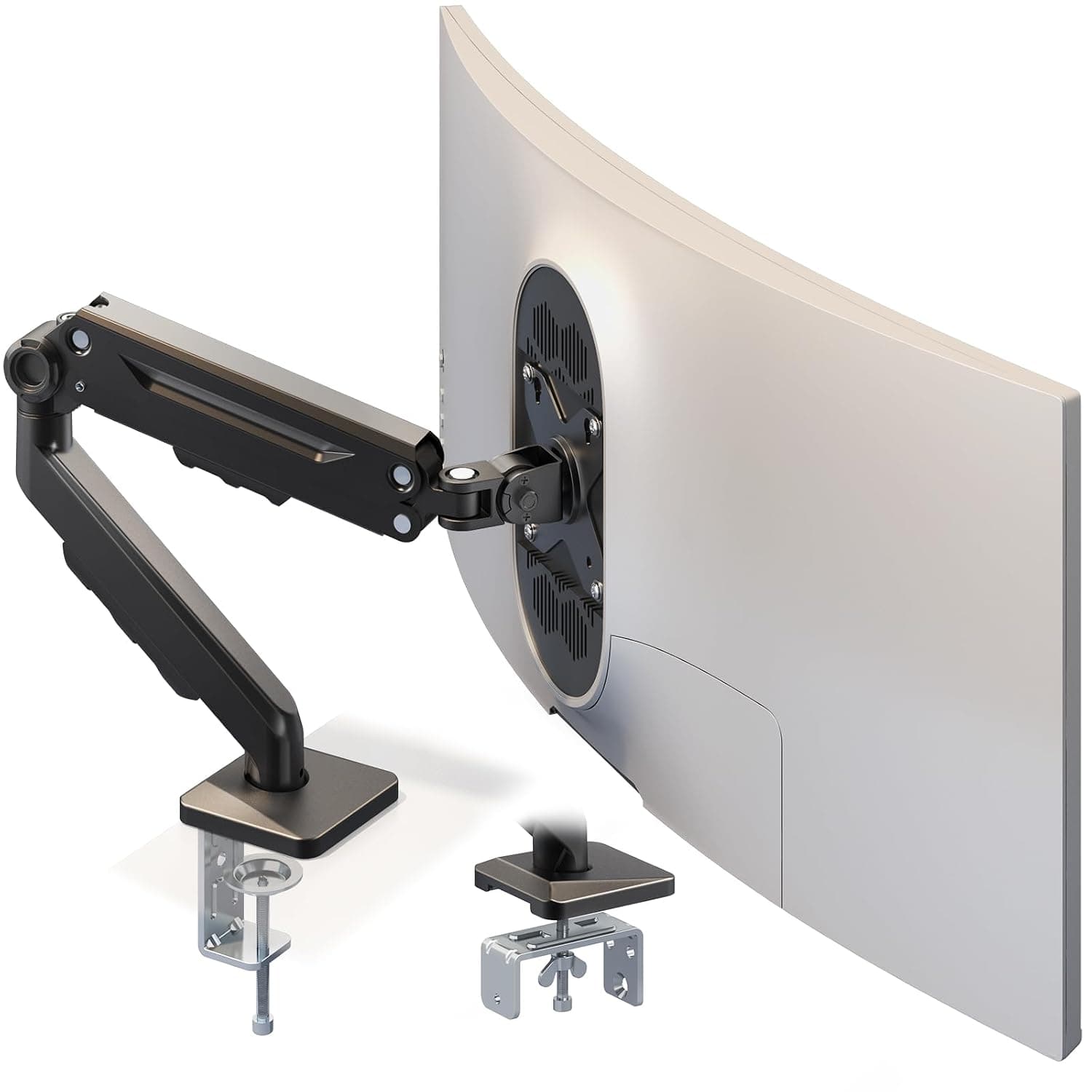 Single Monitor-Arm for 17-40-Inch Screens - Heavy Duty Gas Spring Adjustable Desk Mount for Flat & Curved Monitors, C-Clamp & Grommet, Cable Management, Max Load 26.4lbs, VESA 75/100mm, Black | Max Load 26.4lbs, Ergonomic positioning, Heavy Duty Gas Spring, C-Clamp & Grommet, Cable Management, VESA 75/100 mm