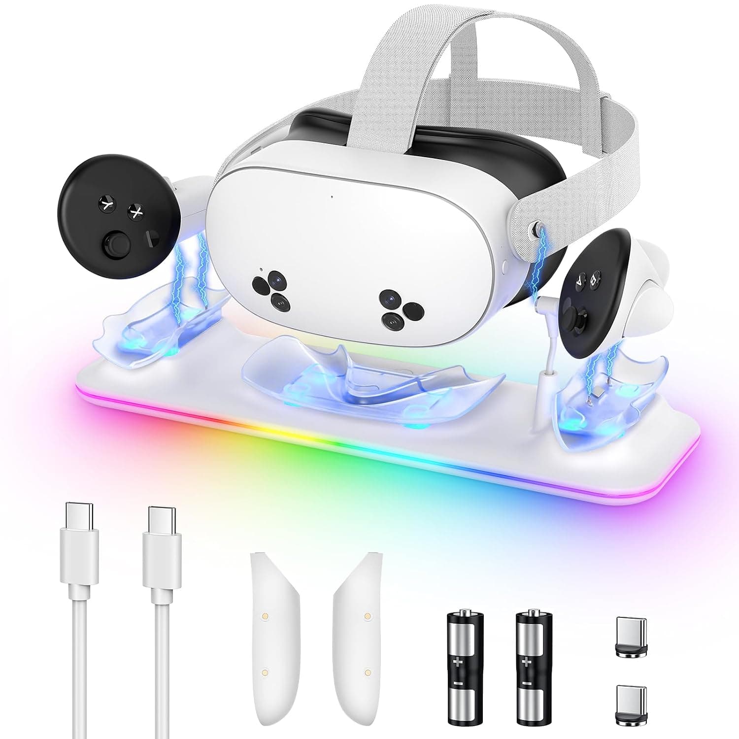 Kinwin RGB Magnetic Charging Dock for Meta Quest 3S/3 Headset & Controller | Charging Station for Oculus Quest 3S/3, VR Controller Charger Stand for Quest 3, with RGB Light, 2 Batteries, 2 Battery Cover
