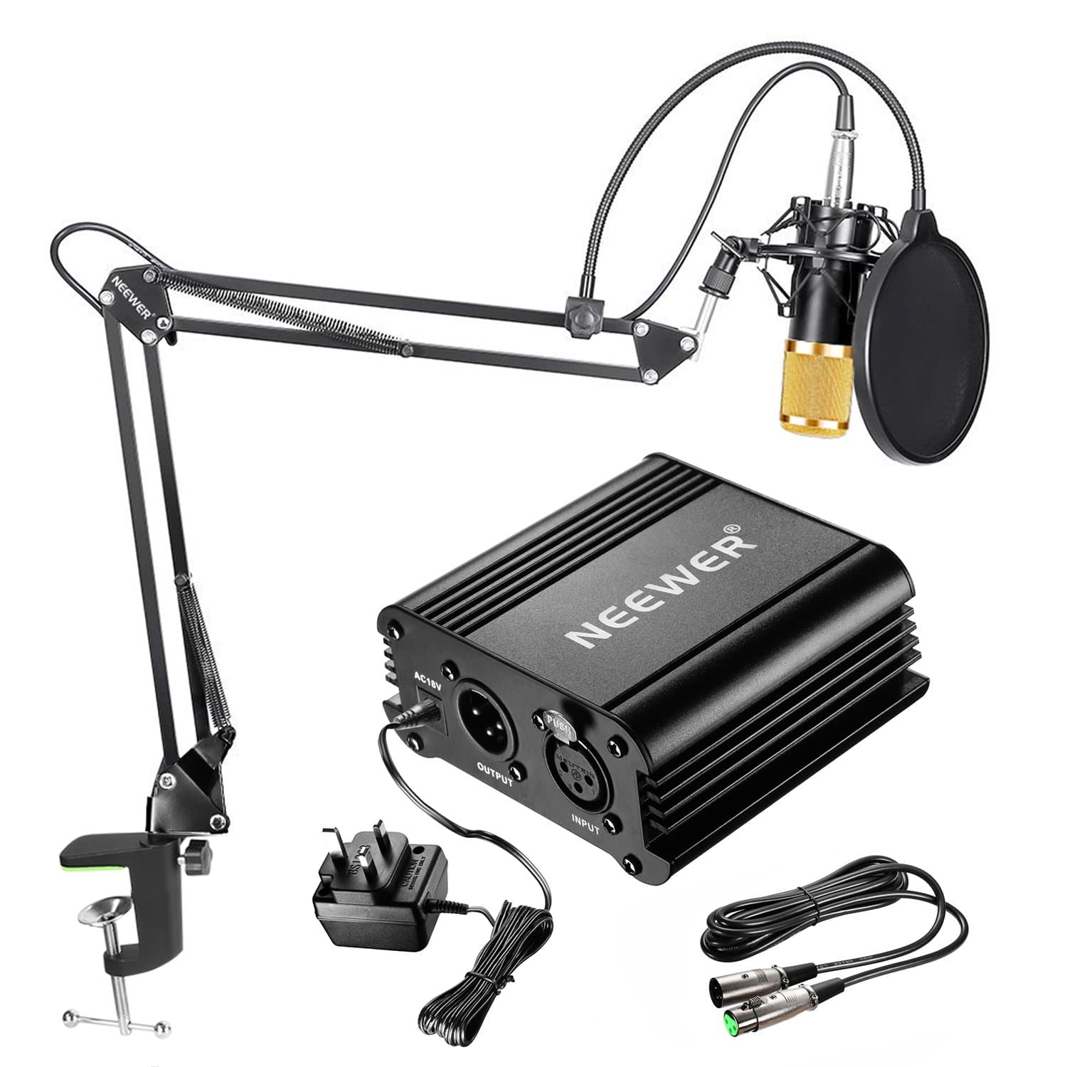 Neewer NW-800 Condenser Microphone Kit - Gold Mic Black 48V Phantom Power Supply NW-35 Boom Scissor Arm Stand with Shock Mount and Pop Filter XLR Male to Female Cable