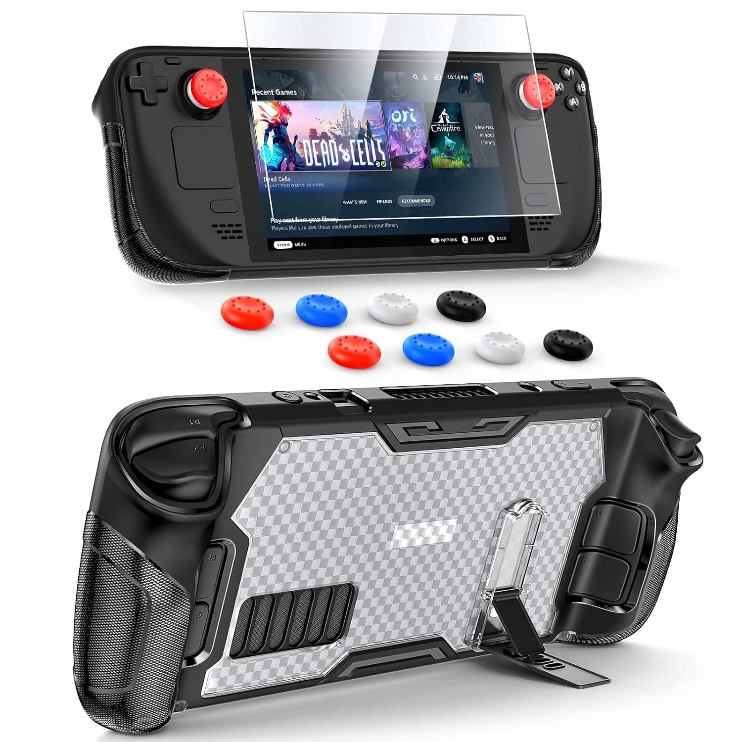 Protective Case Stand for Steam Deck/Steam Deck OLED,MENEEA TPU+PC Protector Cover Kickstand Accessories with Screen Protector Tempered Glass Film & Thumb Grip Caps & Adjustable Magnetic Alloy Bracket