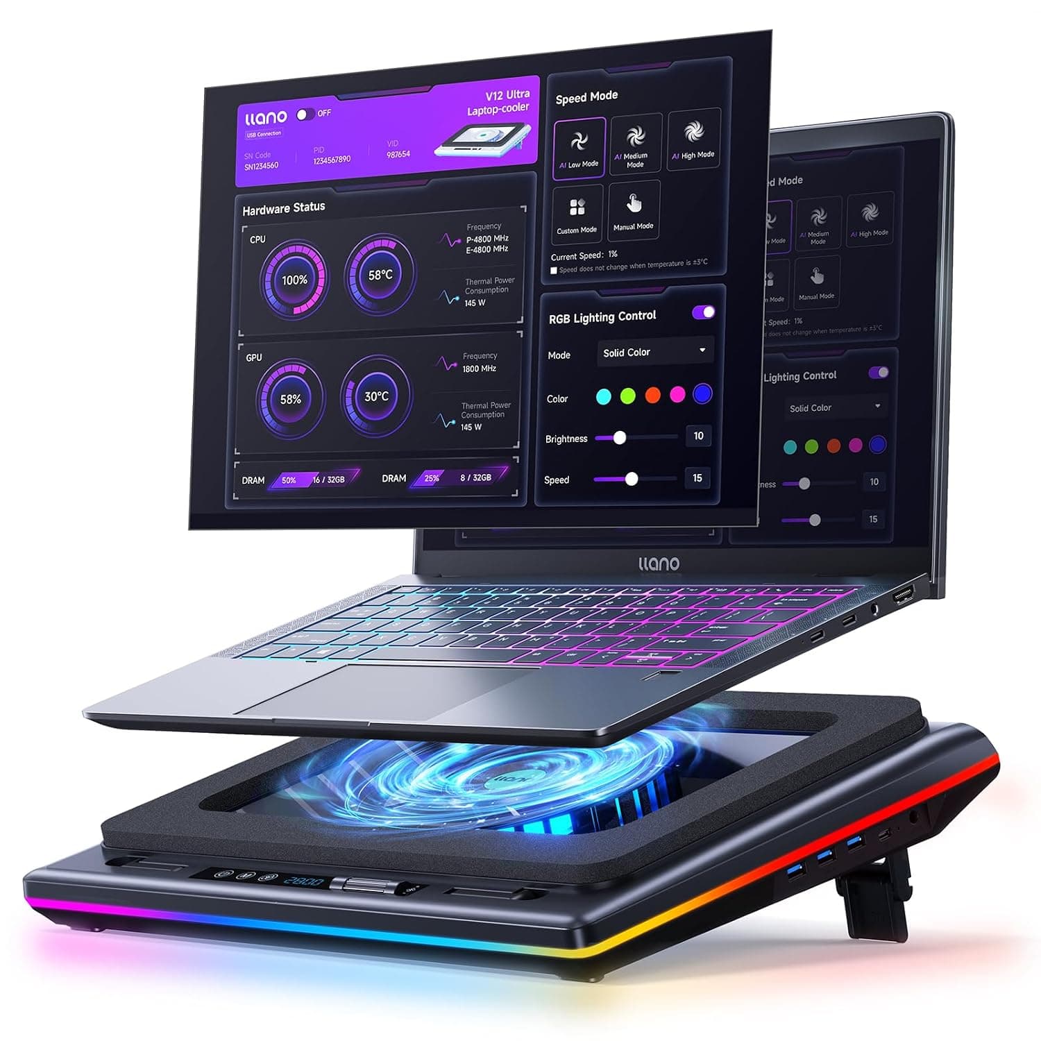 llano V12 Ultra Laptop Cooling Pad with Intelligent Software Control RGB | Gaming Laptop Fan Cooler Stand, 5.5" Turbo Fan, Adjustable Speed, 3*USB 3.0 Ports, Ergonomic Design, for 15.6"-21" Laptops