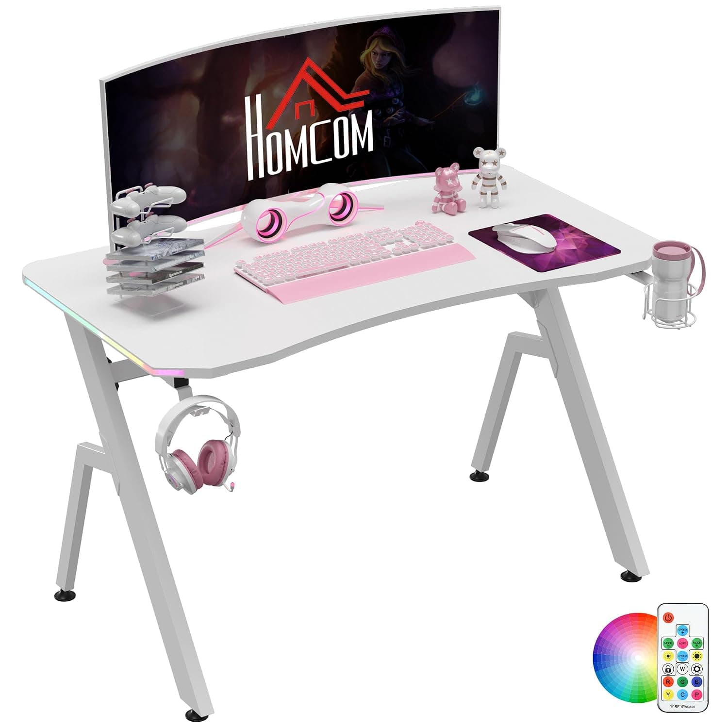 HOMCOM Gaming Desk with RGB LED Lights, Ergonomic 120 x 66cm Computer Desk with Cup Holder, Headphone Hook, Controller Rack,Z Shaped Gaming Table for Home Office, White