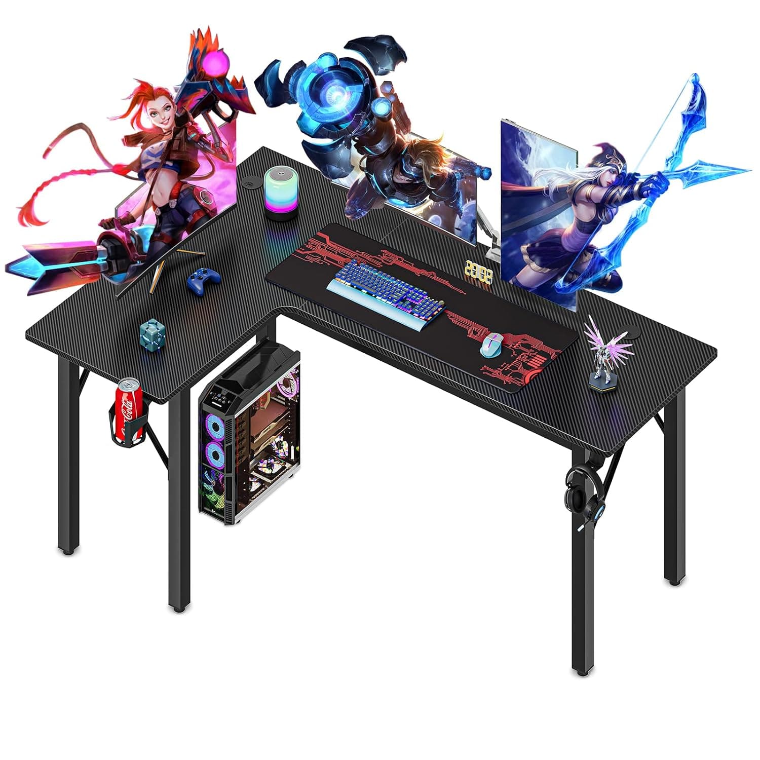 Dripex L shaped 145cm Corner Gaming Desk Large Carbon Fiber Desktop Surface, with Cup Holder,Mouse Pad,Gamepad & Headphone Holder Computer Table Workstation (L-Shape Left)