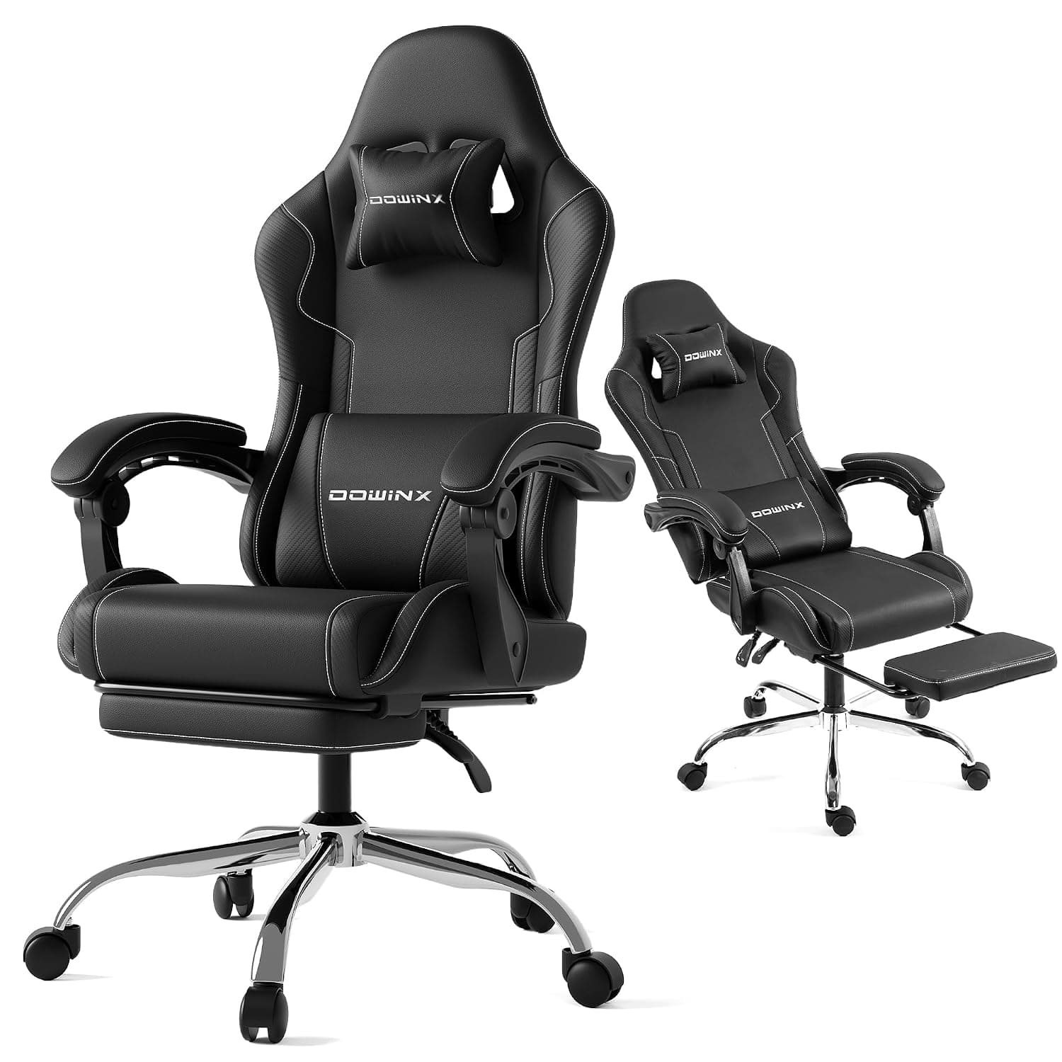 Dowinx Gaming Chair with Footrest, Ergonomic Gaming Computer Chairs 180kg with Headrest Pillow Gaming Chair for Adults, Office, Home, Streaming and Long Gaming Sessions, Black
