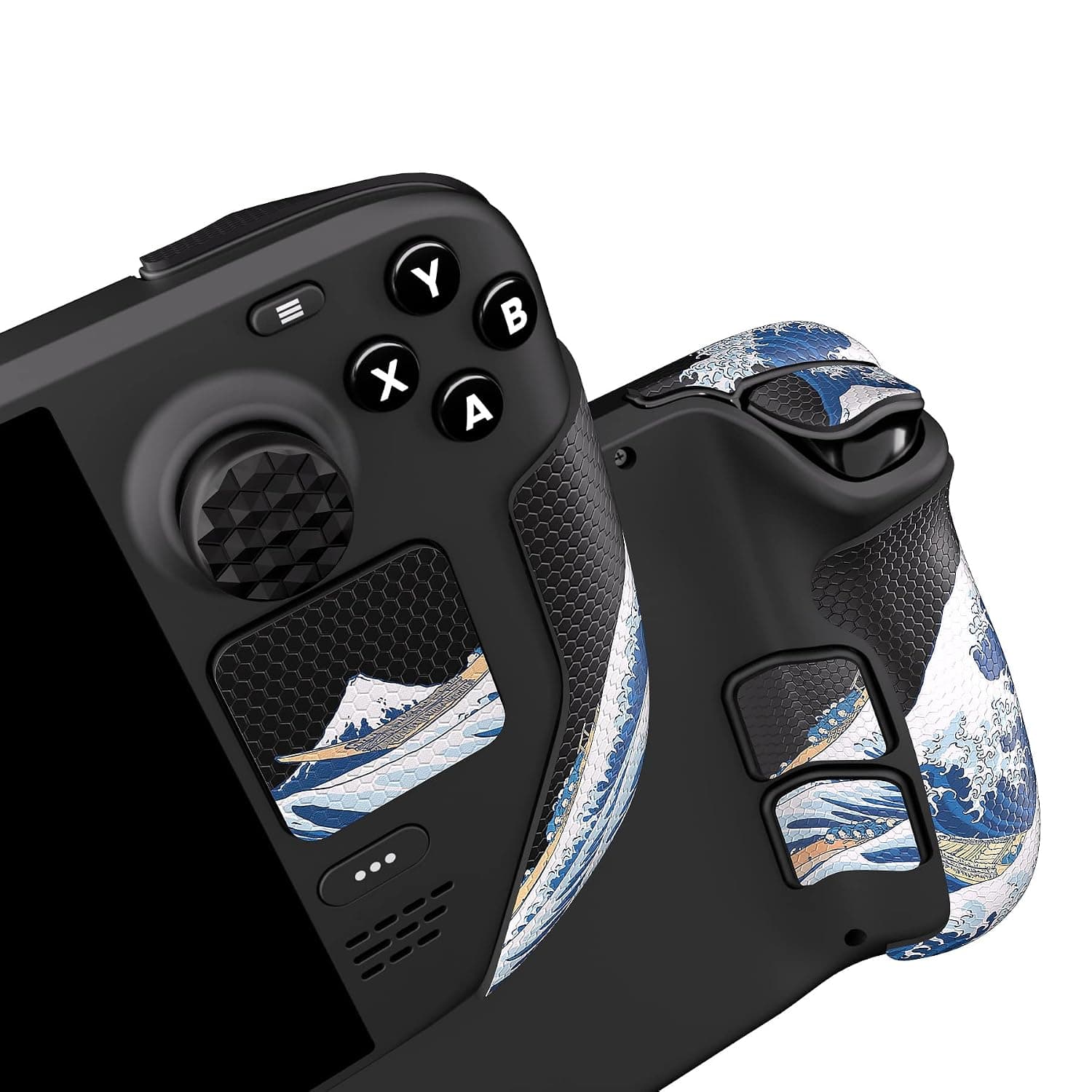 PlayVital Professional Textured Soft Rubber Pads Handle Grips for Steam Deck LCD & OLED, Trackpads Skin Grip Enhancement Back Button Protective Stickers Set with Thumb Grip Caps - The Great Wave