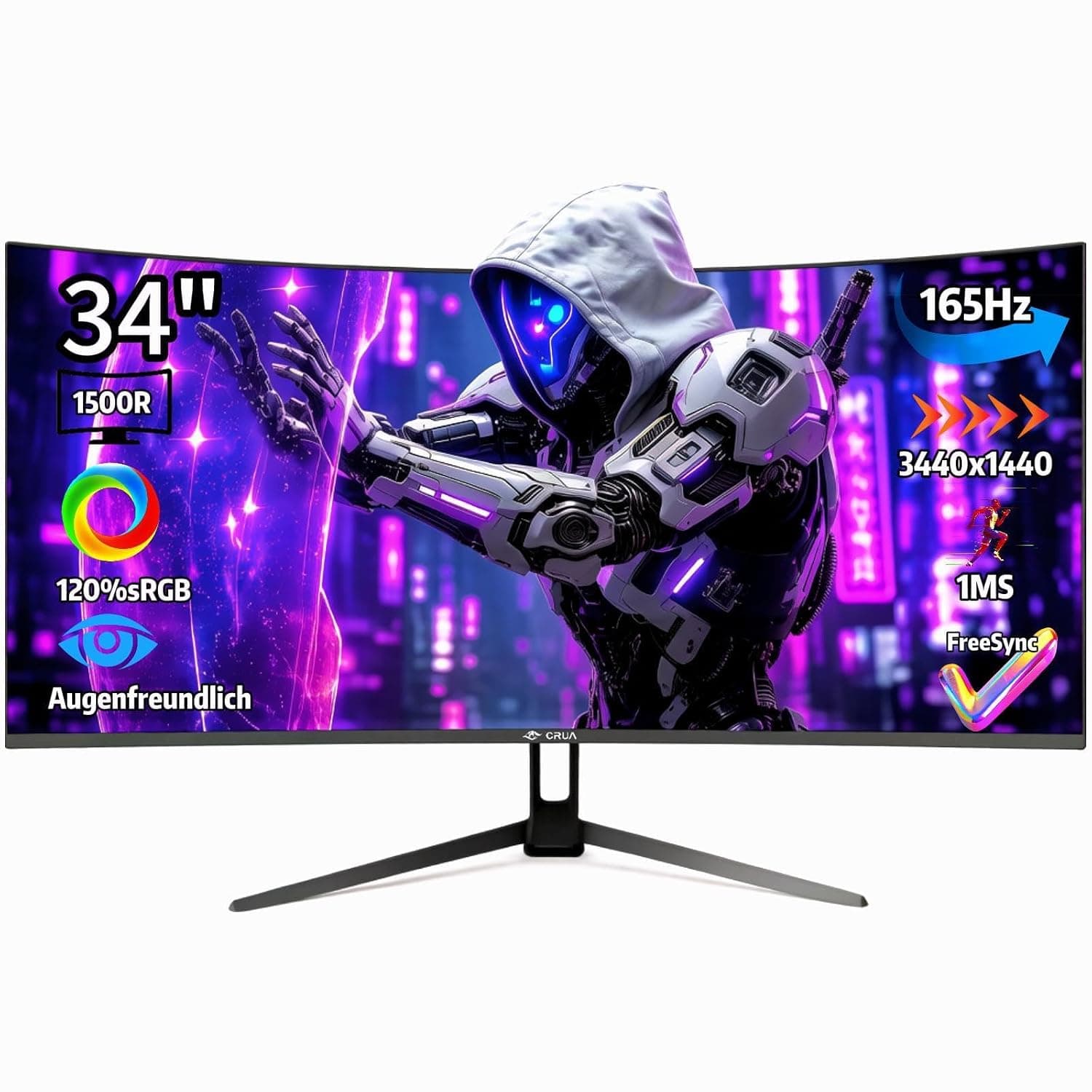CRUA Gaming Monitor 34-Inch Curved Ultrawide WQHD Monitor 3440 x 1440 R1500 up to 165Hz DisplayPort x2 99% sRGB 1ms Picture by Picture, Machine Black