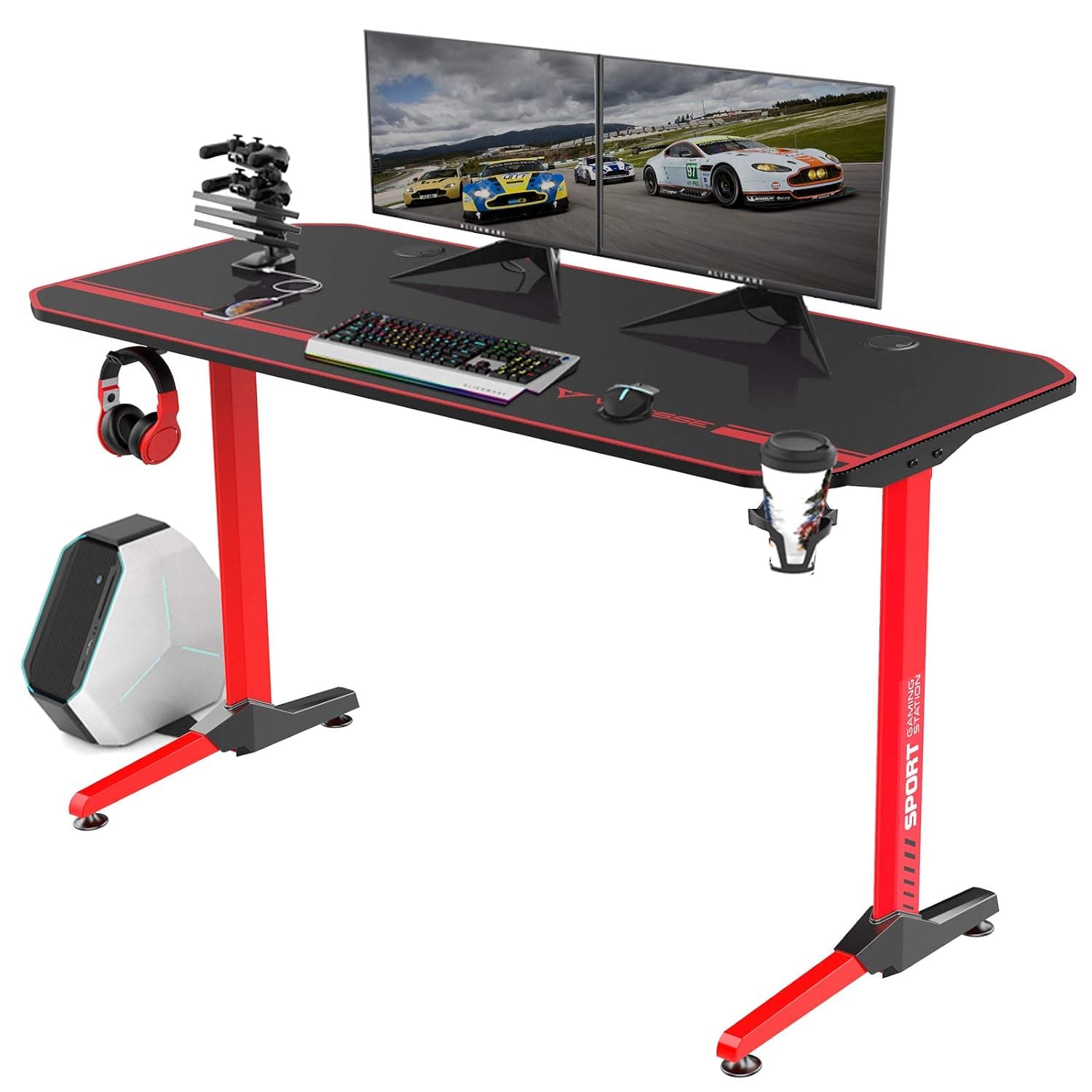 Vitesse 55 inch Gaming Desk T Shaped Computer Desk with Free Large Mouse pad, Racing Style Professional Gamer Game Station with USB Gaming Handle Rack, Cup Holder & Headphone Hook (Red)