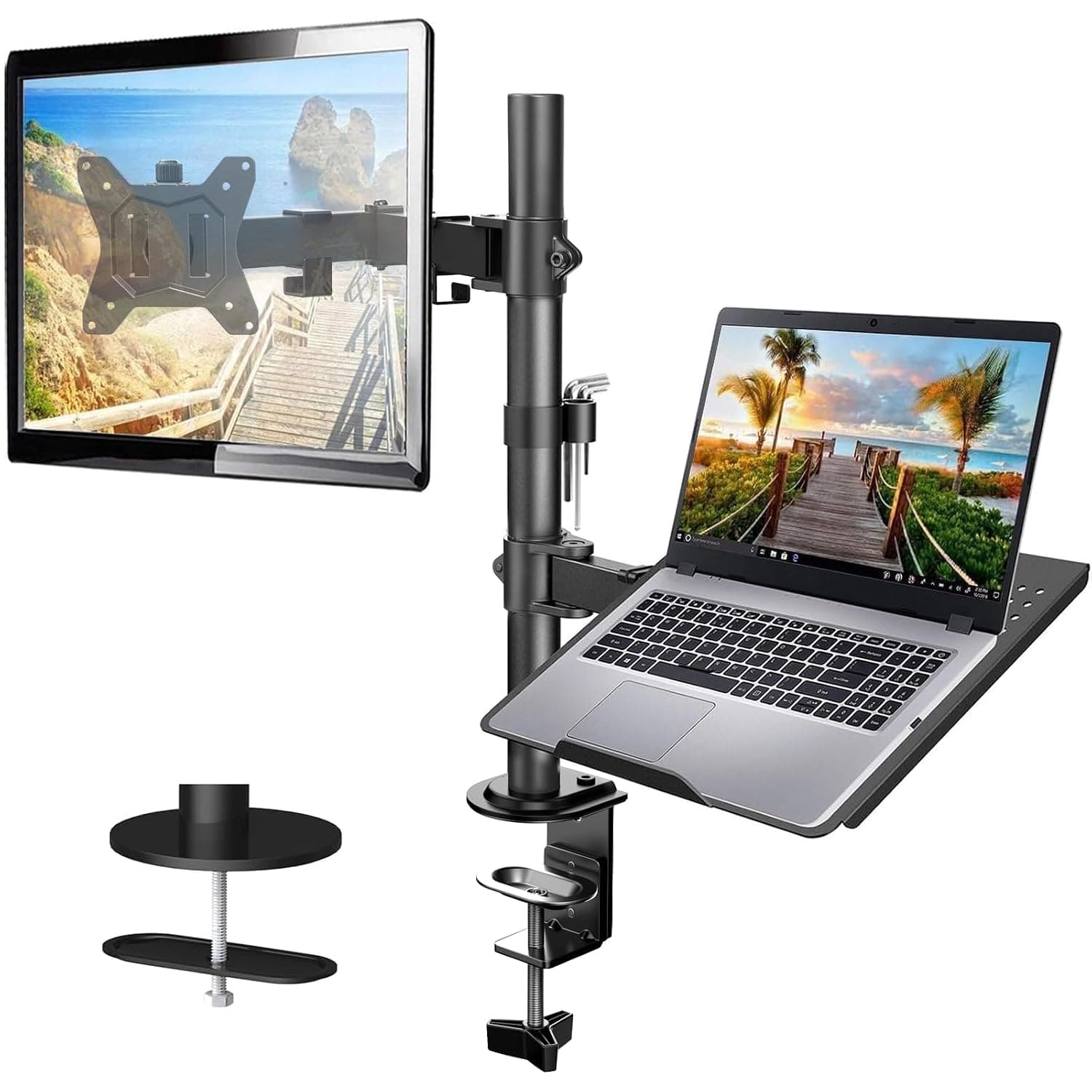HUANUO Monitor Arm with Laptop Tray for 13 to 32 Inch Screen & 17 Inch Notebook, Monitor and Laptop Stand, Monitor Arm Desk Mount Fits VESA 75/100 Gaming