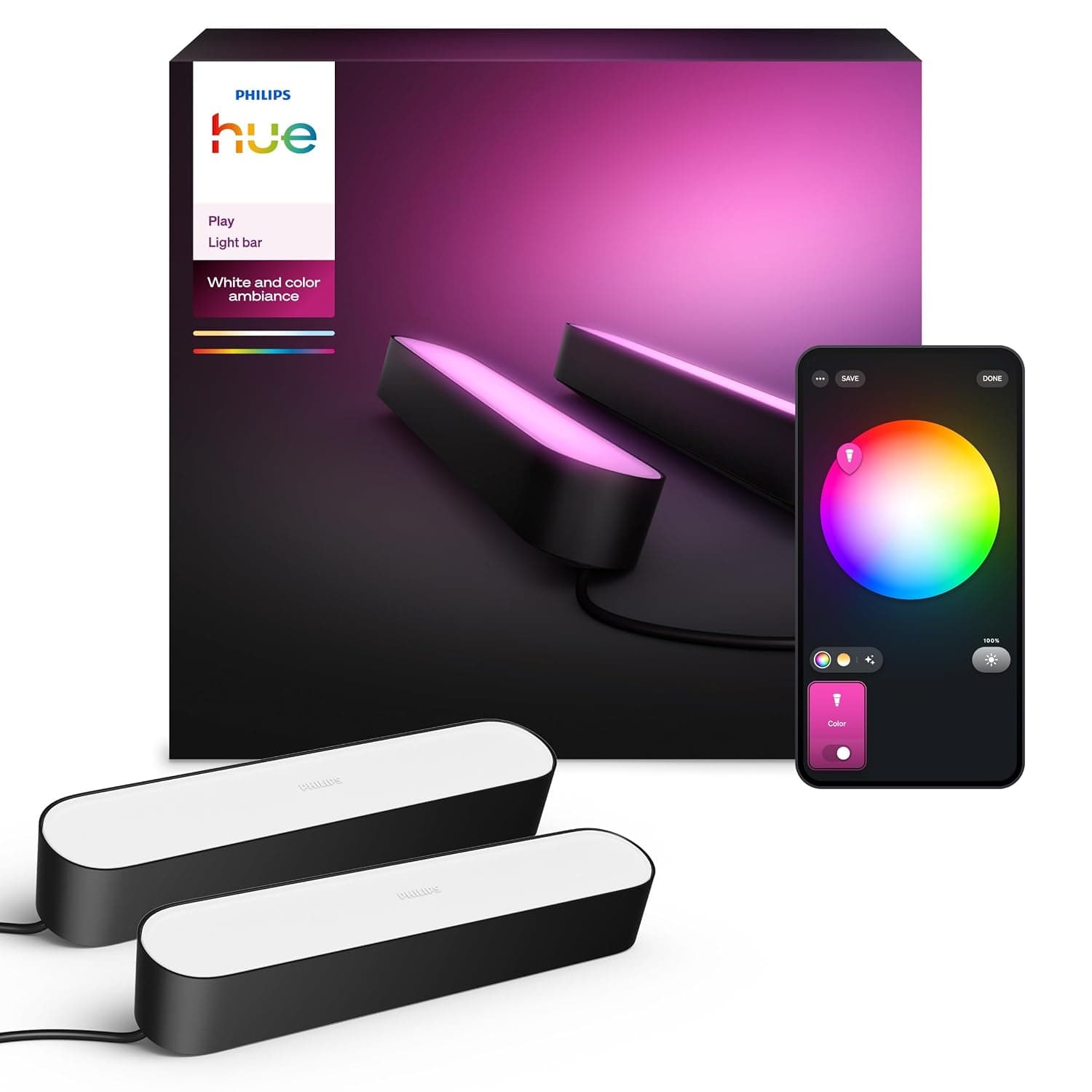 Philips Hue Play Smart Light Bar Double Pack Base Unit, Black | White and Colour Ambiance, Entertainment Lighting for TV and Gaming, Works with Alexa - Google Home - Apple Home
