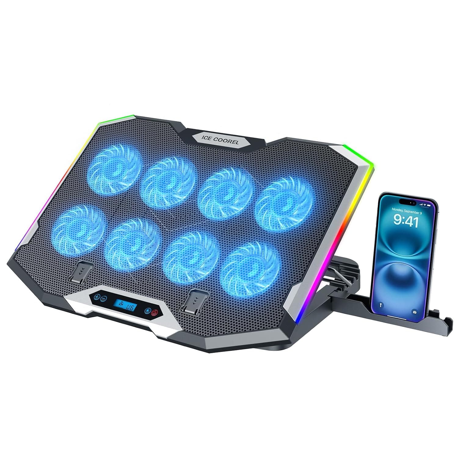 ICE COOREL Gaming Laptop Cooling Pad with 8 Cooling Fans, Laptop Fan Cooler Pad for 15-17.3 Inch, Notebook Cooler Stand with 6 Height Adjustable, RGB Cooling Pad with Two USB Port + Phone Stand
