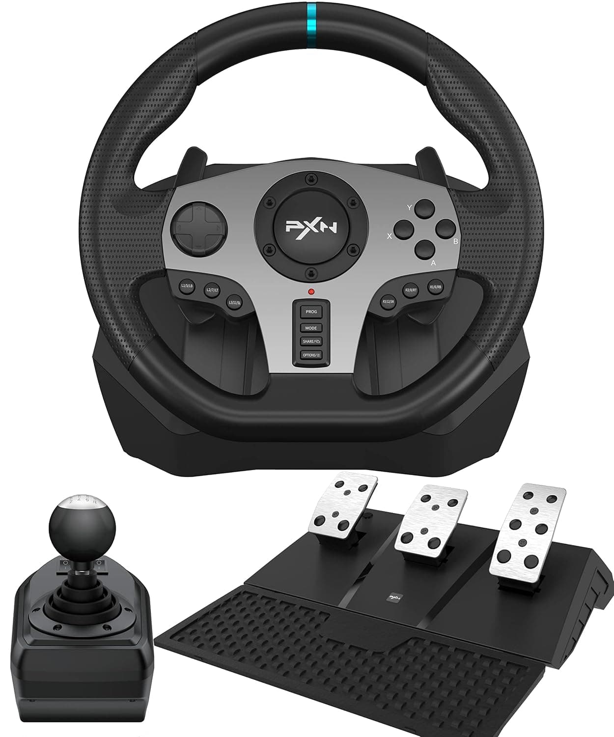 PXN V9 Steering Wheel with Pedals and Shifter - 270°|900° Racing Wheel, 3-Pedals, H-Shifter, Paddle Shifters, Tools APP, Vibration Feedback - Gaming Steering Wheel for PC, Xbox, PS3, PS4, Switch