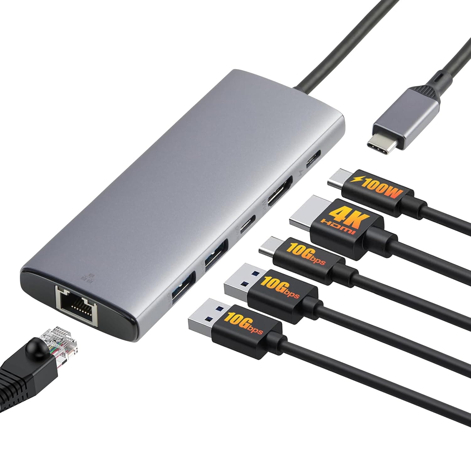 Amazon Basics USB C Hub for PC Laptops, 6-in-1 Multiport Adapter with 100W Max PD Charging, 4K HDMI, 2 USB-A Ports, Ethernet, Type C Data Port