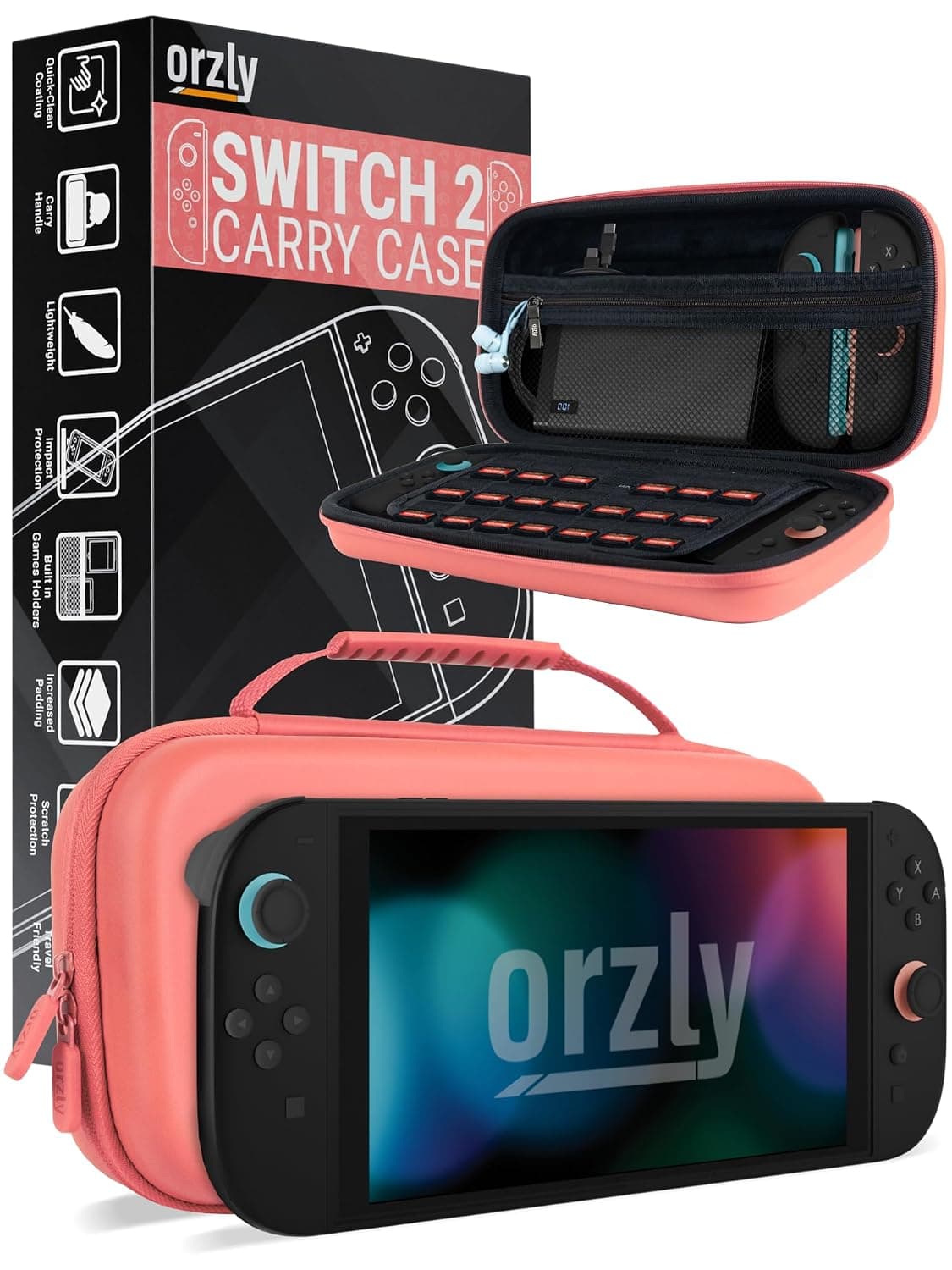 Orzly Carry Case for Nintendo Switch 2 2025 Console 7.9 inch Screen Protection Hard Case with Smart Storage for Accessories and Games Pockets Gift Box Edition (Joy con Red Switch 2)