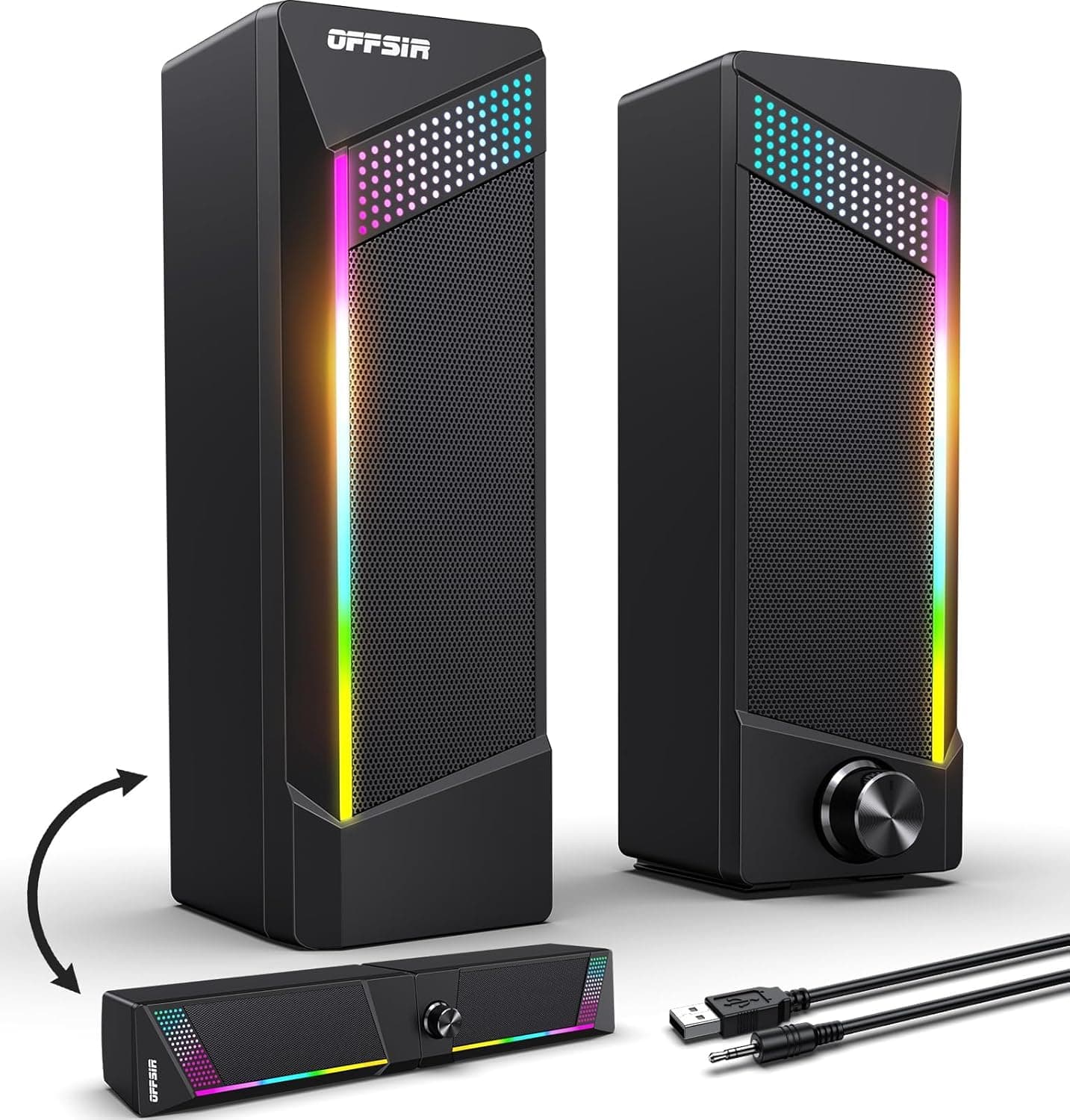 OFFSIR Computer Speakers,2 in 1 PC Speaker,Gaming Speakers for Laptop Desktop Monitor,Touch Sensitive Lighting,10 Watts Peak Power,USB Powered 3.5mm Aux(Package Only Two Speaker,No Soundbar)