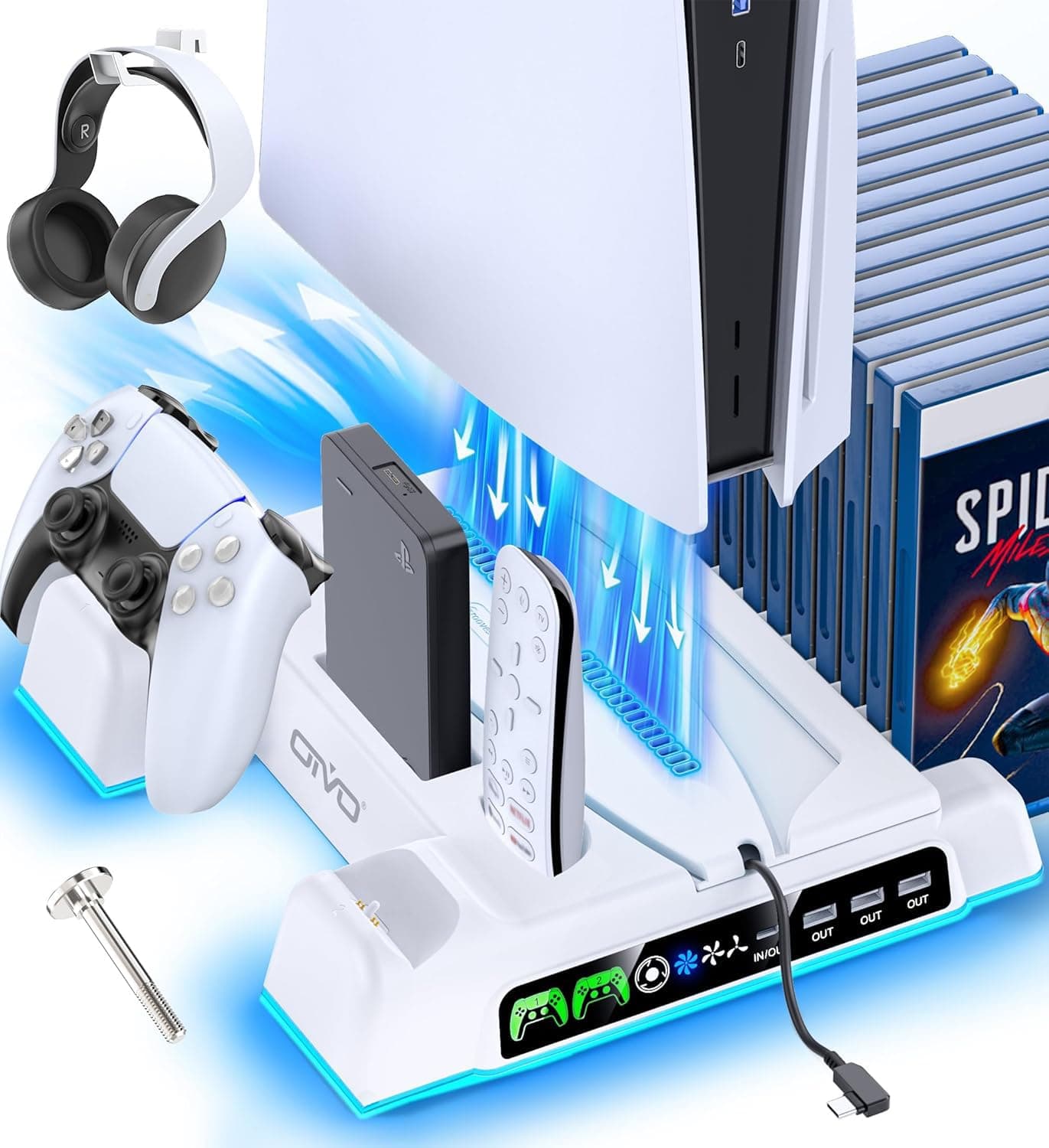 OIVO PS5/Slim/Pro Stand and Cooling Station with LED Controller Charging Station for PlayStation 5 Console, Controller Charger, Cooling Stand, PS5/Slim/Pro Accessories Kit with 3 Level Cooler Fan