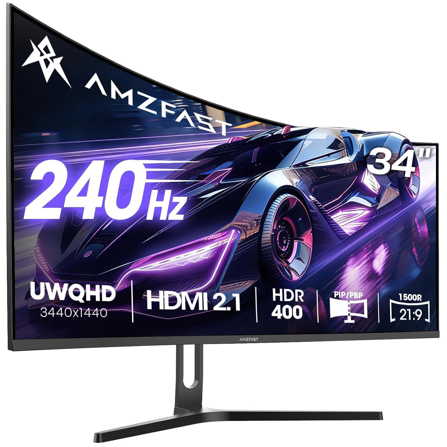 Amzfast 34 Inch Ultrawide Curved Gaming Monitor, 3440x1440 WQHD, 240Hz, 1ms MPRT, 1500R Fast VA, Adaptive Sync, HDR, 3000:1 Contrast, 130% sRGB, HDMI2.1&DP1.4, VESA 75x75mm, PIP/PBP, AMZG34C5Q Pro