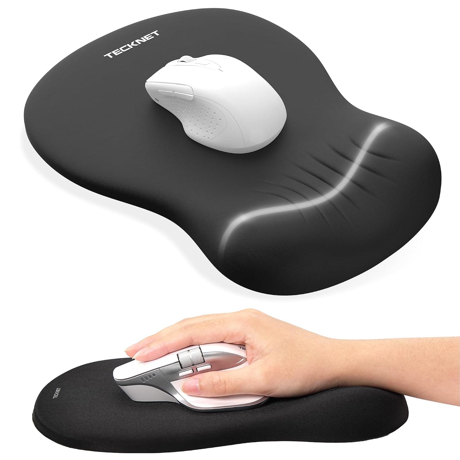 TECKNET Mouse Mat Wrist Support, Ergonomic Mouse Pad, Memory Foam, Black | Mouse Pad with Non-slip PU Base, Waterproof and Breathable, Ease Wrist Pain, Computer MouseMat for Office, Home and Travel
