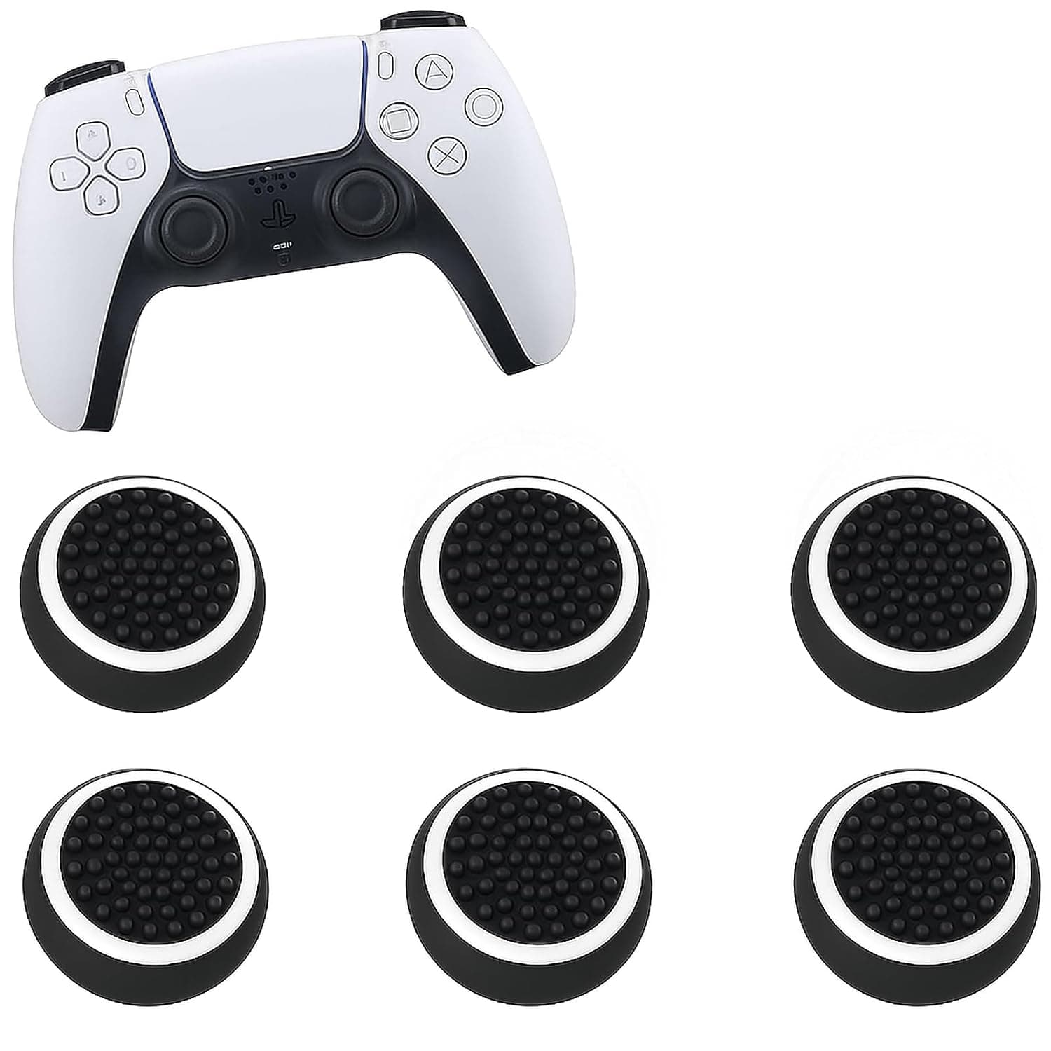 6PCS Controller Thumb Grips - Anti-Slip Silicone Thumb Stick Caps - Joystick Covers for Xbox Series X/S, PS5, Nintendo Switch - Black with White Rings