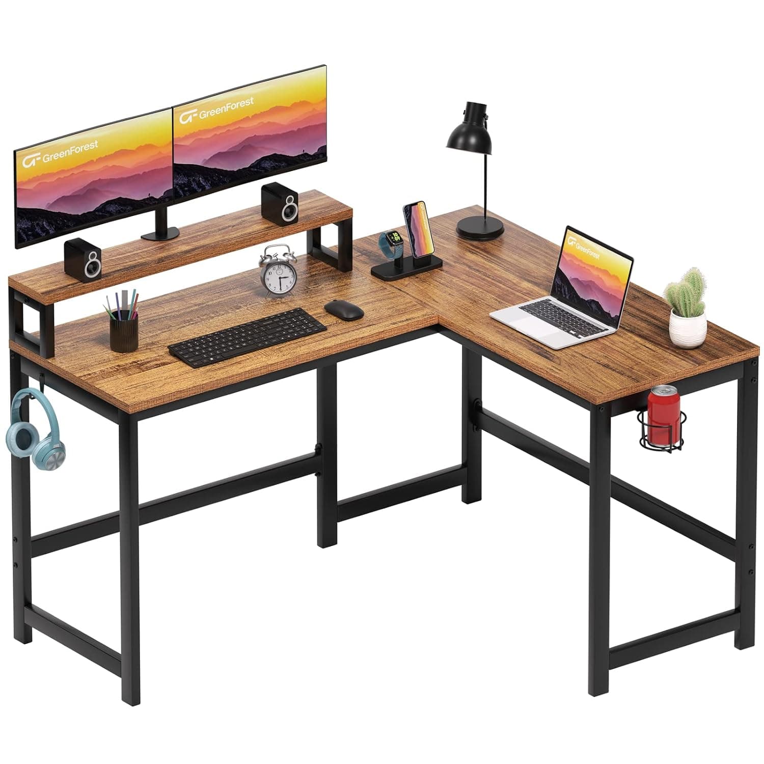 GreenForest L Shaped Gaming Desk with Cup Holder and Headphone Hook, 128cm Reversible Computer Office Desk with Monitor Stand, Walnut