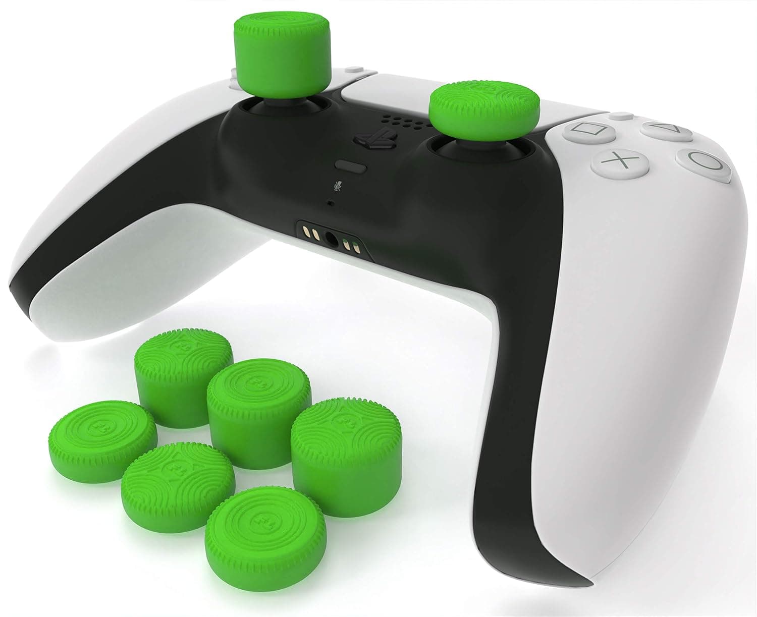 Raised Thumb Grips (8pc) for PlayStation 5 Dualsense by Foamy Lizard – Sweat Free 100% Silicone Precision Antislip Rubber Analog Stick Grips Compatible with PS5, PS4 & Switch 2/1 Pro (Green)