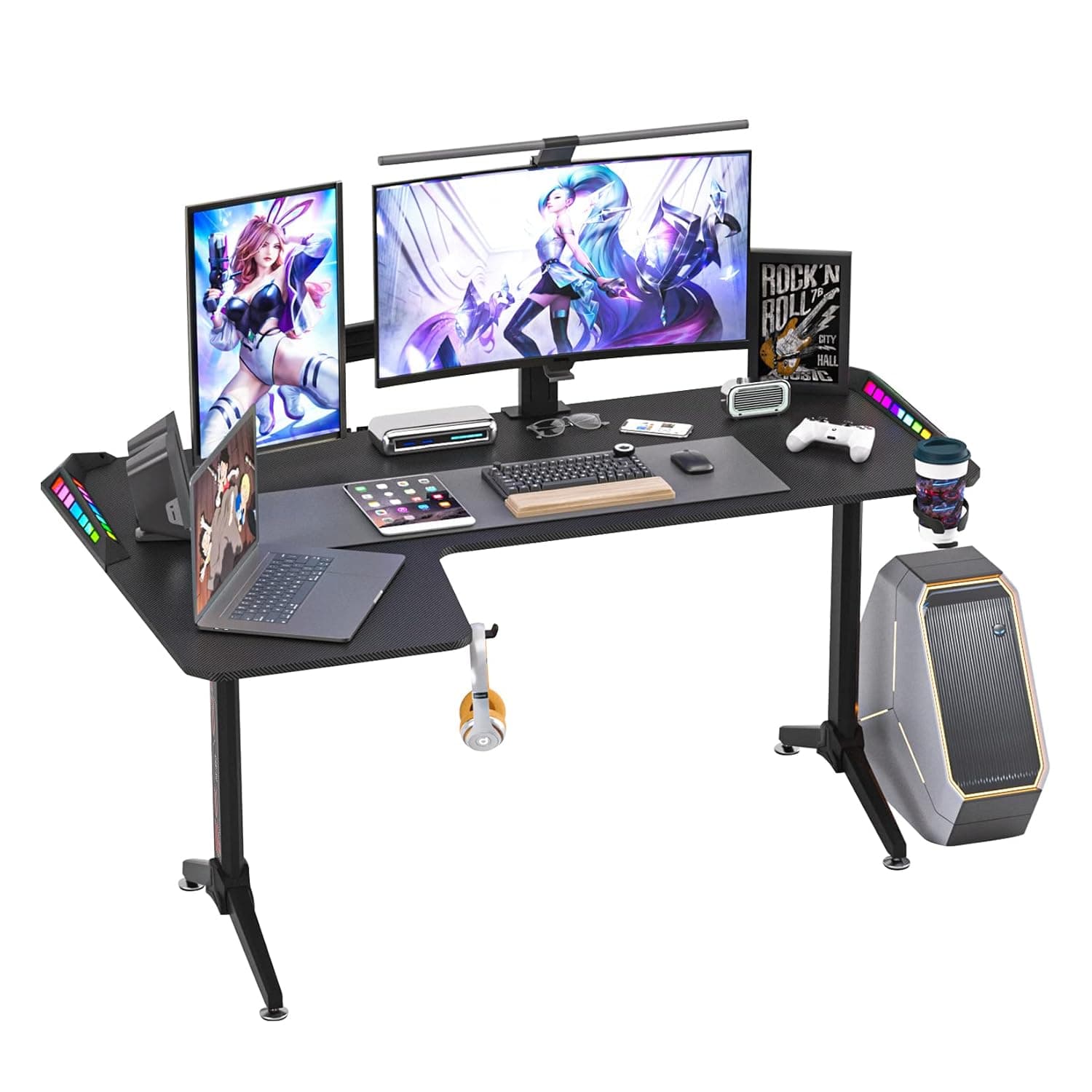 FATIVO Computer Gaming Desk RGB LED:L Shape Larger Corner Game Table 160 x 100cm Carbon Fiber Black Desktop Gamer Desks 6 Colors 8 Modes Offer Cable Managet Box Headphone Hook and Cup Holder,Left (JJ-ZT878-L-01)