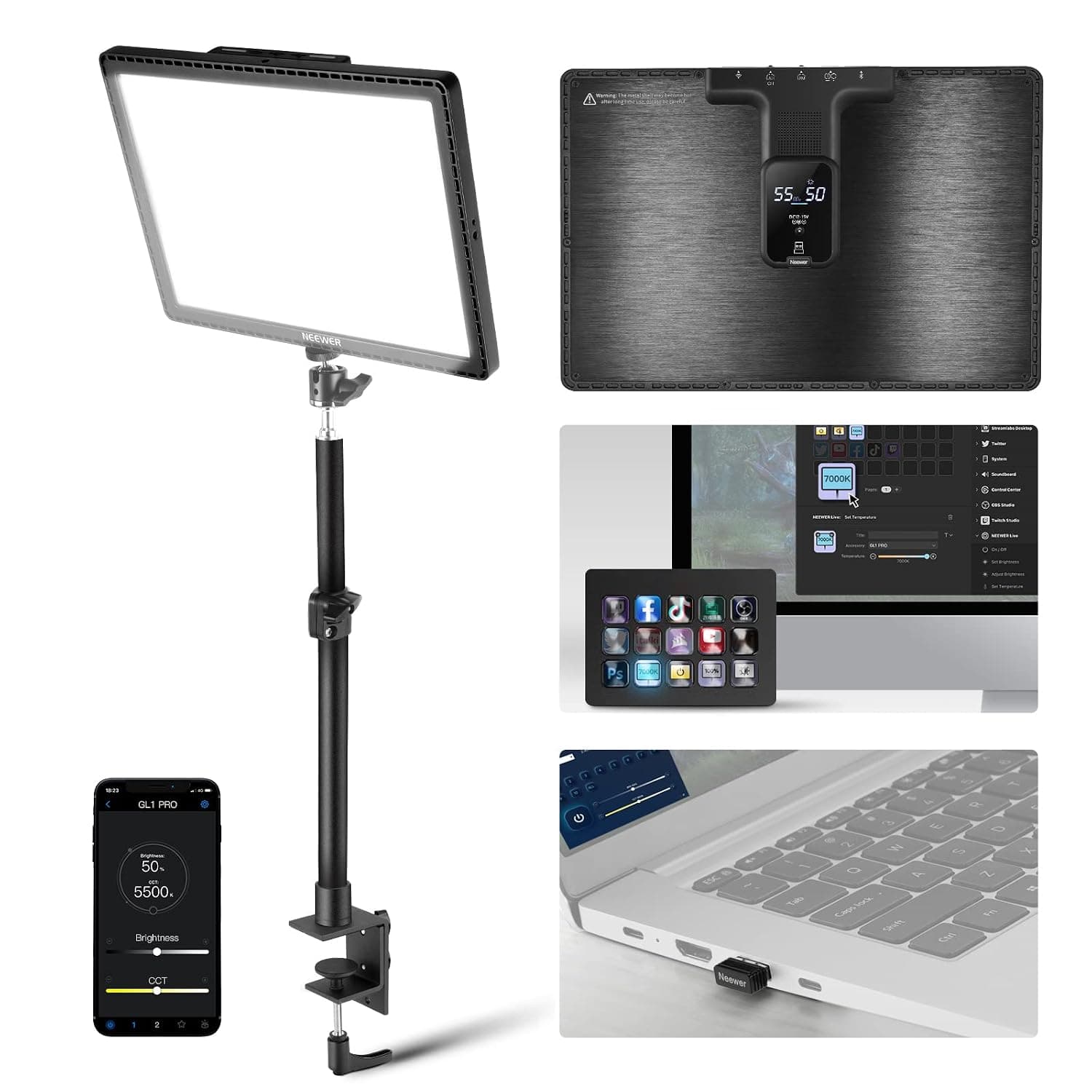 NEEWER 15.5" LED Streaming Key Light, Video Panel Light with Clamp Desk for Gaming Shooting Zoom Call, 2.4G APP Control for PC/Mac iOS/Android, Compatible with Elgato Stream Deck, GL1 PRO Black