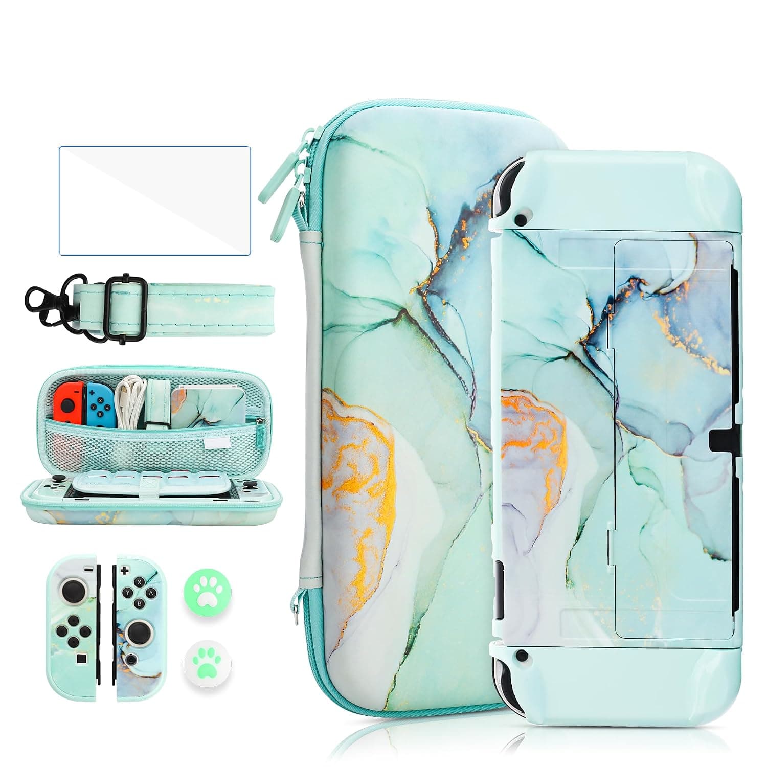 FANPL Case bundle for Nintendo Switch OLED Accessories, Carrying Case for Switch OLED and Joy Con with Flip Protective Cover and Screen protector, 4 Thumb Grips, Shoulder Strap - Marble Jadeite Green