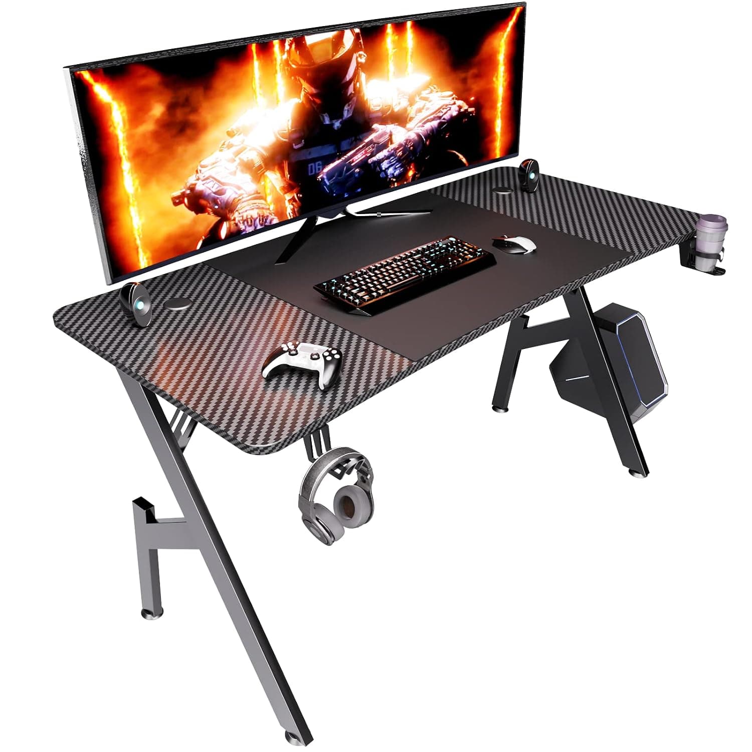 HLONONE Ergonomic Gaming Desk, Home Office Gamer Desk, Computer Table with Large Carbon Fiber Desktop, 55 Inch Office Workstation with Mouse Pad, Cup Holder & Headphone Hook, Black