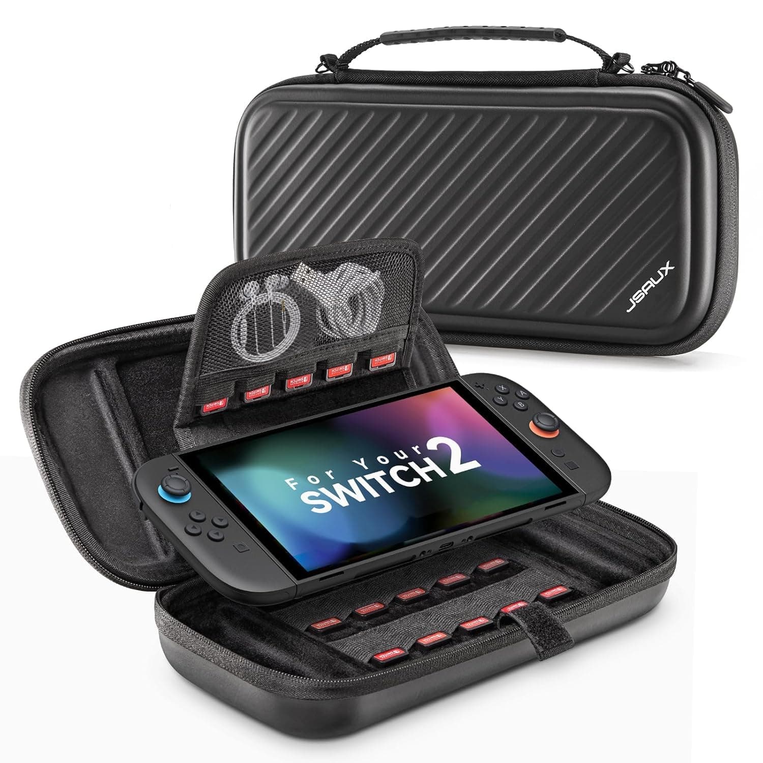 JSAUX Carry Case for Nintendo Switch 2 (2025), 15 Game Card Slots, Black | Hard shell protection, Extra room for covers, EVA hard shell, 15 card slots, Mesh pouch, Handle and shoulder strap