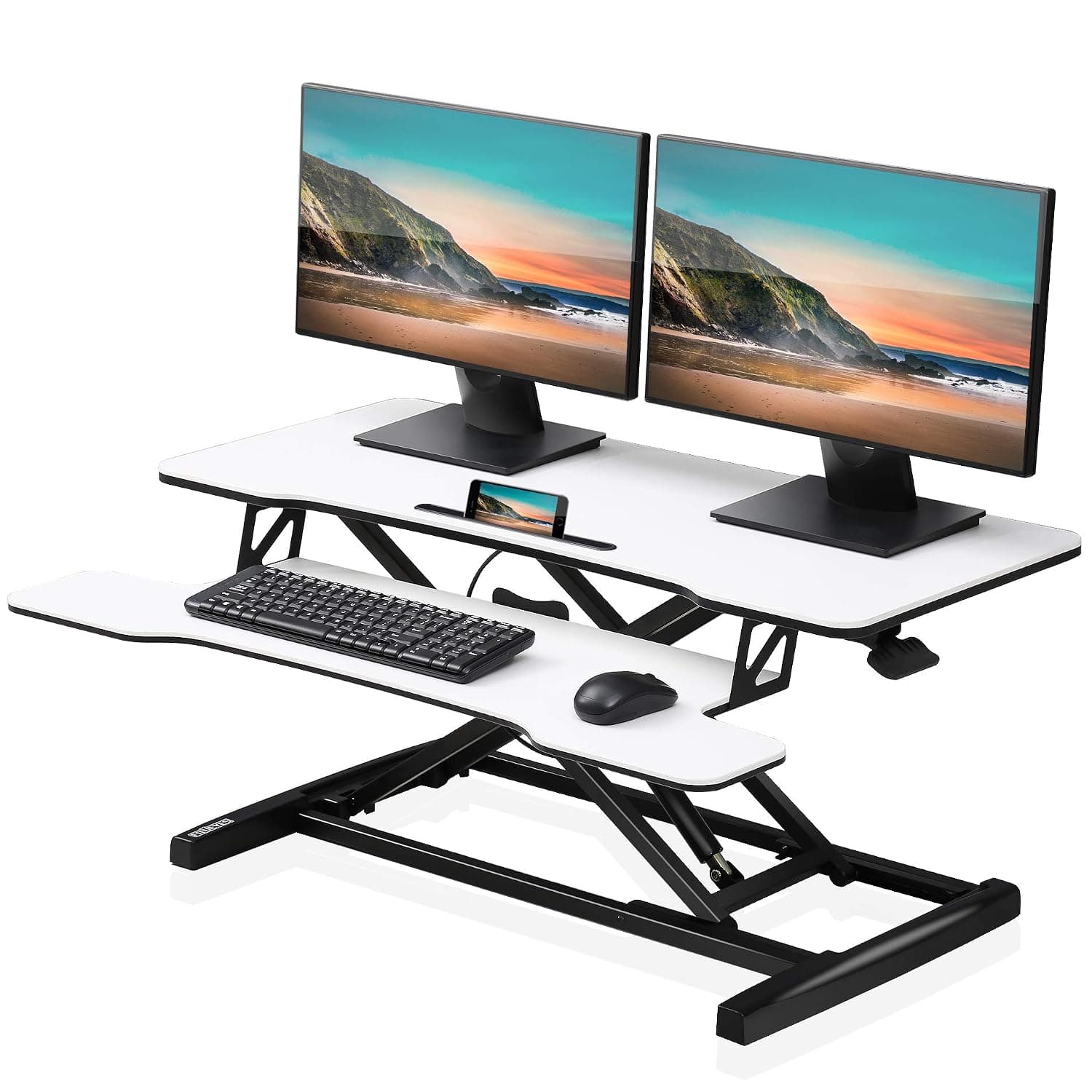FITUEYES Standing Desk Converter 91.5x40 cm Height Adjustable Sit Stand Desk with Large Keyboard Tray and Phone Holder for Computer Laptop Dual Monitors Riser, White