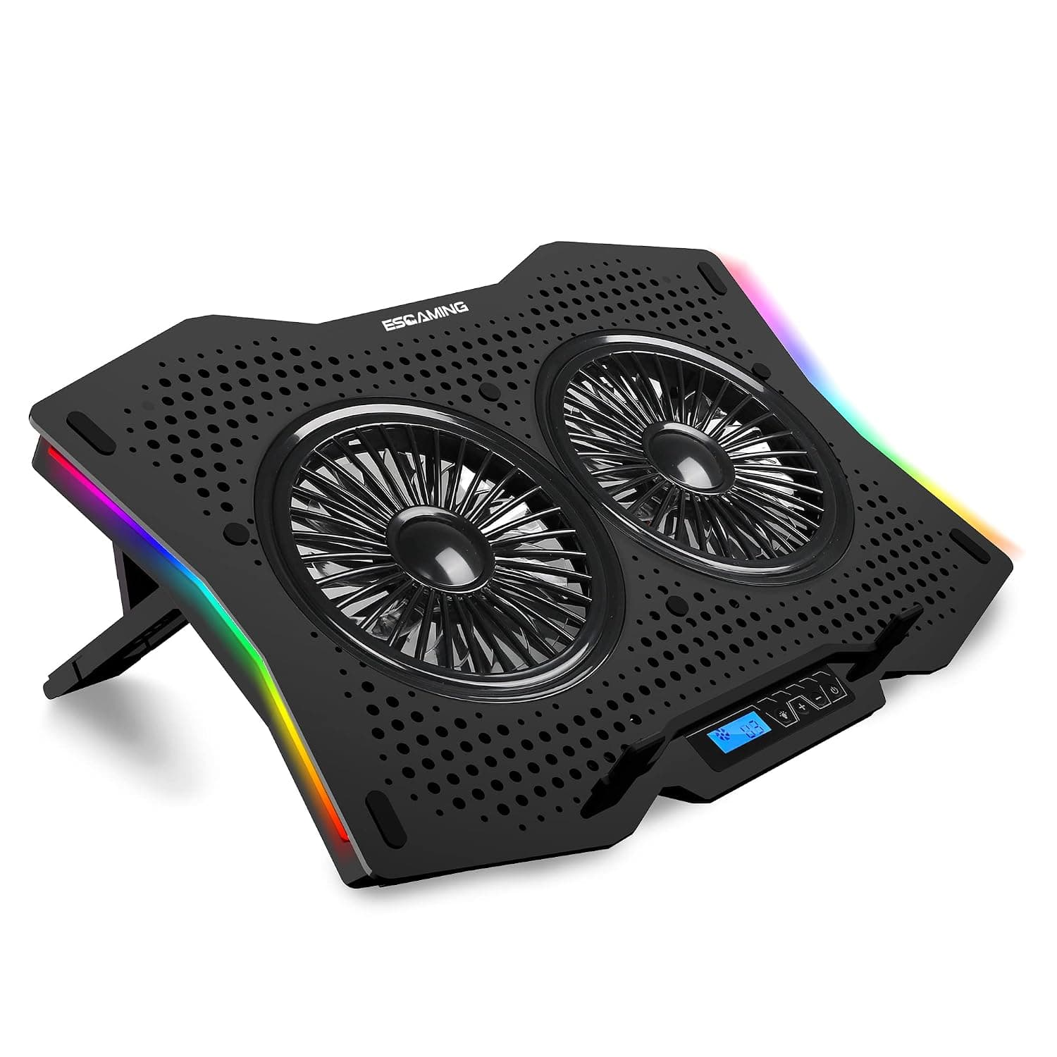 ESGAMING Laptop Cooling Pad, RGB Gaming Notebook Cooler for Desk or Lap Use, 7 Adjustable Heights with 2 Big Quiet Fans, 10 Lighting Modes, 2 USB Ports, Metal Panel, Suit for All Laptop Up to 17.3”