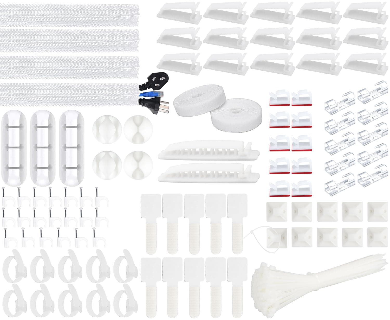 SOULWIT 200PCS Cable Management Kit,4 Cable Sleeves,37 Cable Clips,7 Cable Holders,10 Zip Tie Mounts,20 Cable Clip Nails,100 Cable Fastening Ties,20+2 Roll Cable Straps for TV PC Computer Under Desk