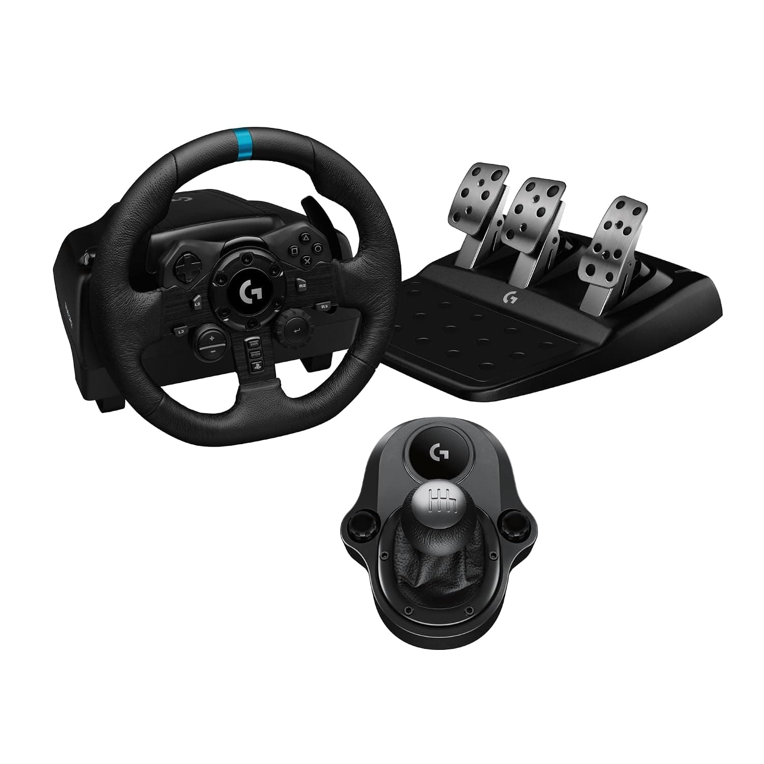 Logitech G923 Racing Wheel and Pedals, TRUEFORCE Force Feedback + Logitech G Driving Force Shifter - Real Leather, Sim Steering Wheel, Pedals and Gear Stick for PS5, PS4, PC, Mac - Black | TRUEFORCE Force Feedback Racing Wheel, Real Leather Sim Steering Wheel, Pedals & Gear Stick for PS5, PS4, PC, Mac - Black