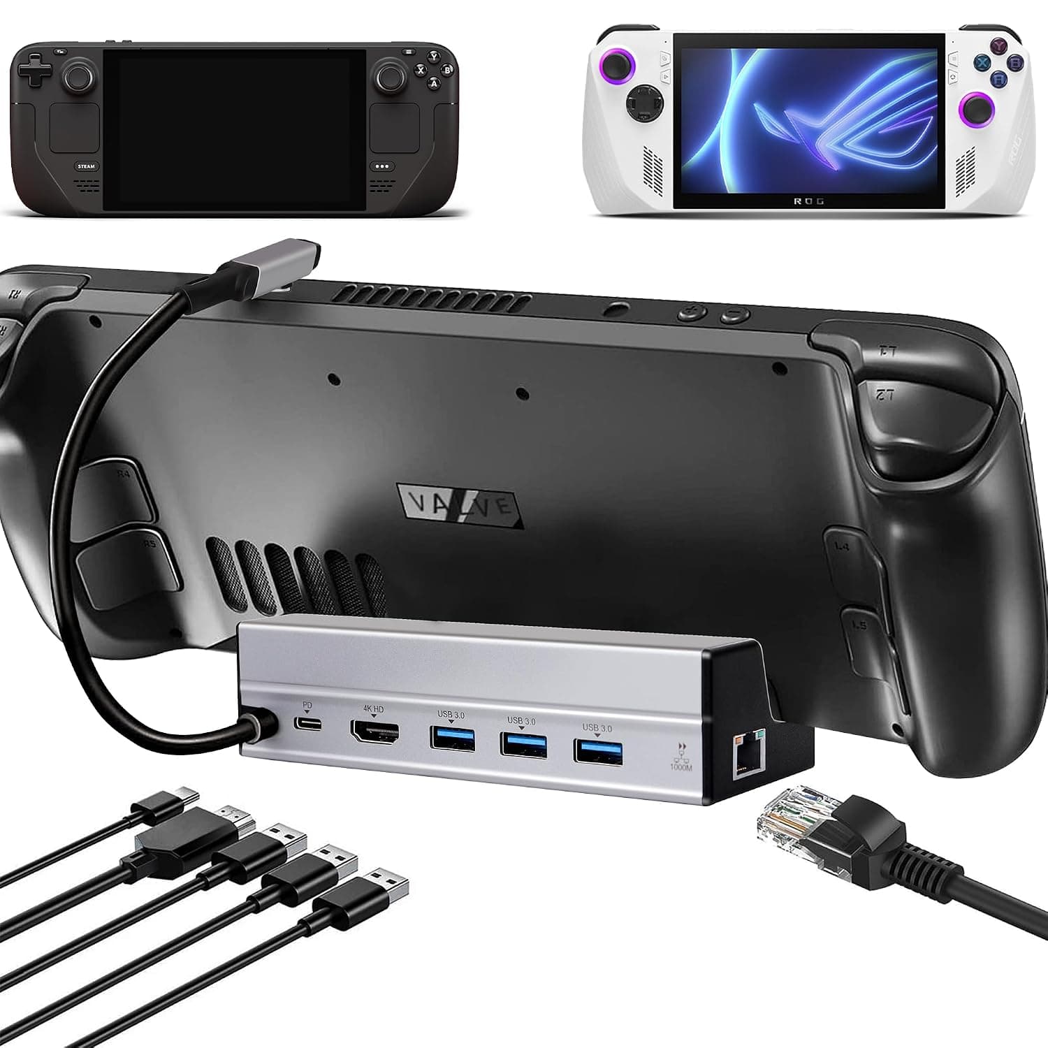 Docking Station for Steam Deck, 6-in-1 Steam Deck Dock with HDMI 2.0 Supports up to 4K@60Hz, 3 USB-A 3.0 Ports Each 5Gbps, Gigabit Ethernet, 100W USB-C PD3.0 Charging Port, Made for Valve Steam Deck