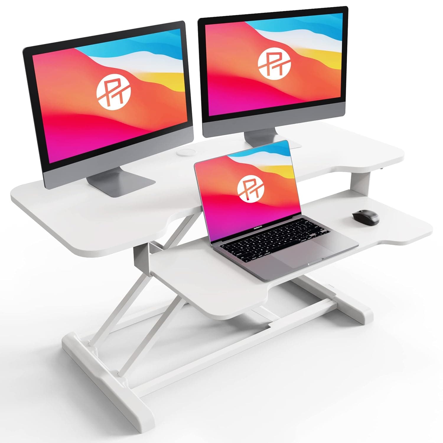 PUTORSEN Standing Desk Converter, 36" Height Adjustable Sit Stand Desk Riser with Keyboard Tray, Dual Tiered Computer Workstation with Cup Holder and Note Board up to 15kg, White