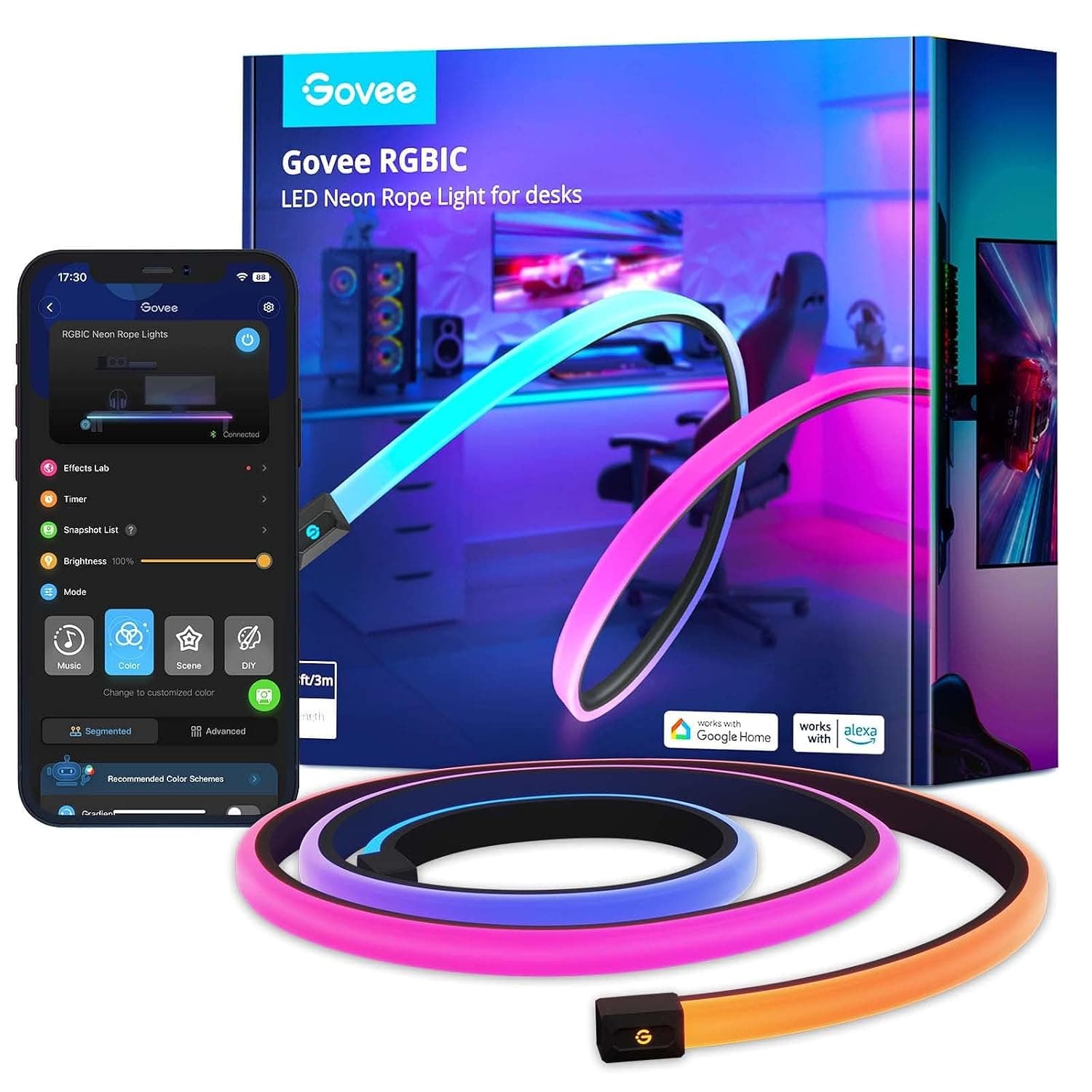 Govee RGBIC 3M Neon Rope Gaming Lights, Soft LED Strip for Gaming Desk | Syncing with Razer Chroma, Smart App Control, Support Cutting, Music Sync, Soft Lighting, Adapter (Only 2.4G Wi-Fi)