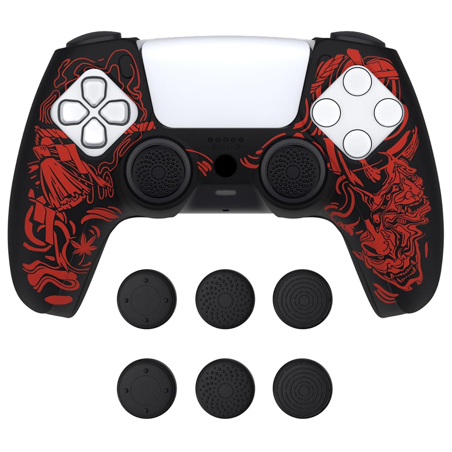 PlayVital Pure Series for ps5 Controller Grip Cover – Anti-Slip Silicone Skin, Dockable & Charging Dock Compatible, Soft Rubber Case with 6 Thumb Grips – Samurai Prajna (Red)