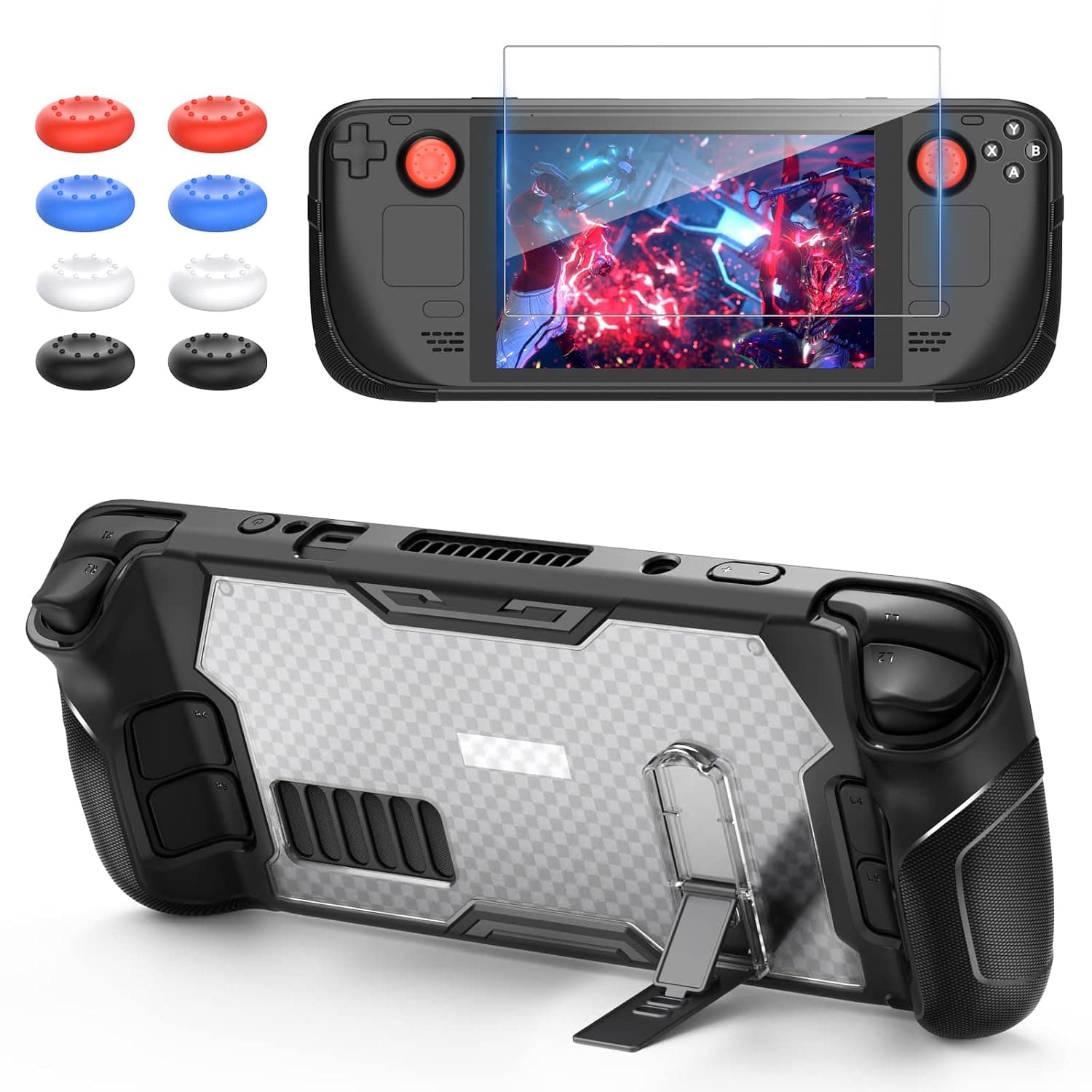 Protective Case for Steam Deck with Kickstand, GORIXER TPU Protector Cover Accessories with Stand & Screen Protector & Thumb Grips, Full Protection, Non-Slip, Anti-Collision for Steam Deck - Black