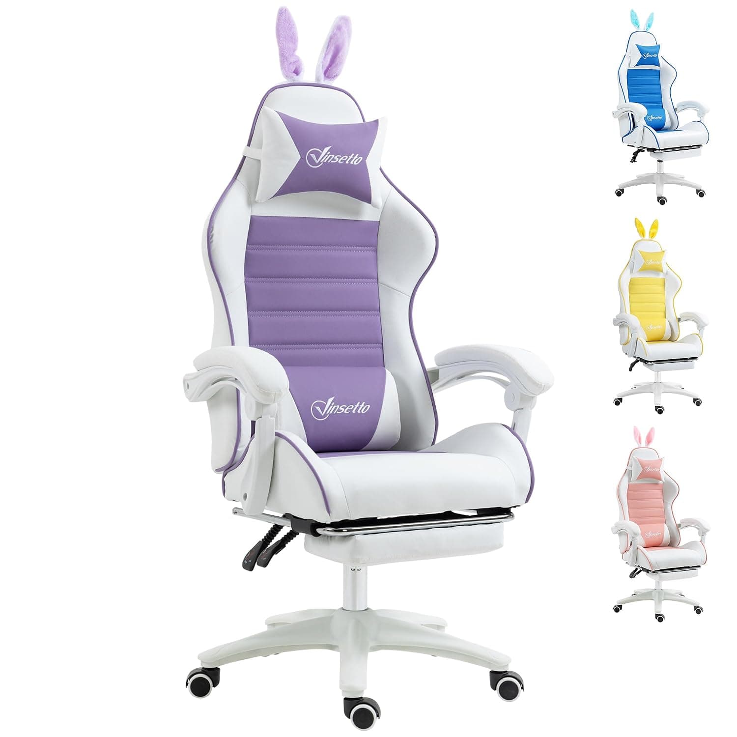 Vinsetto Gaming Chair Rabbit Ears Footrest for Adults Girls Purple White | Ergonomic Computer Chair, Reclining Back, Headrest, Lumbar Support, Swivel Wheels
