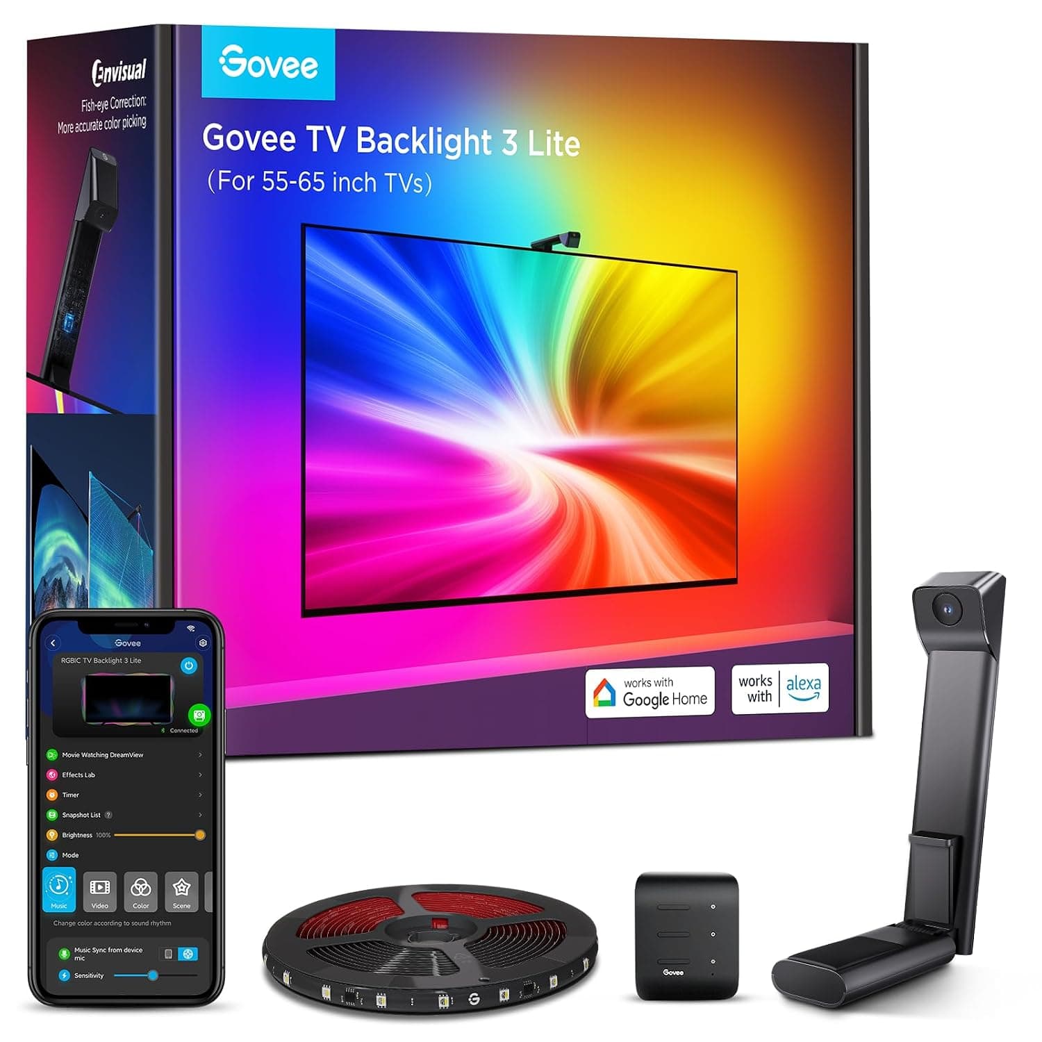Govee TV Backlight 3 Lite with Fish-Eye Correction Function | 3.6m RGBICW Wi-Fi TV LED Backlight for 55-65 Inch TVs with Camera, 4 Colours in 1 Lamp Bead, Voice and APP Control, Adapter