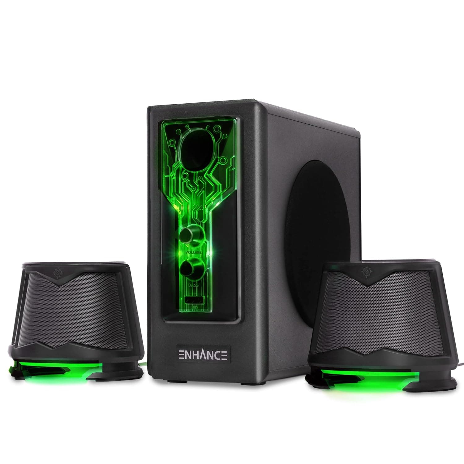 ENHANCE SB 2.1 Computer Speakers - Green LED Computer Gaming Speakers with Subwoofer, High Excursion Sound System, Volume and Bass Control, Compatible with Gaming PC, Desktop, Laptop